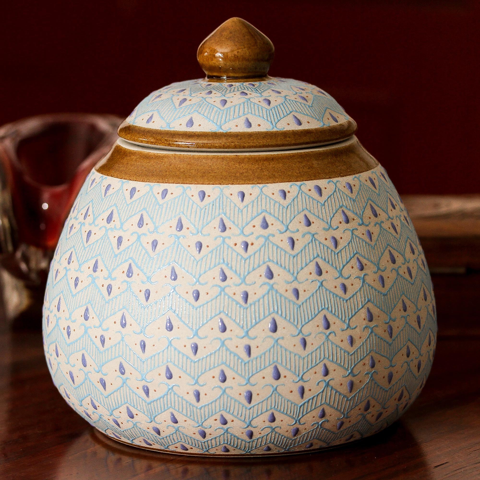 Premium Handcrafted Talavera Ceramic Jar - Chevron Tears Blue Design