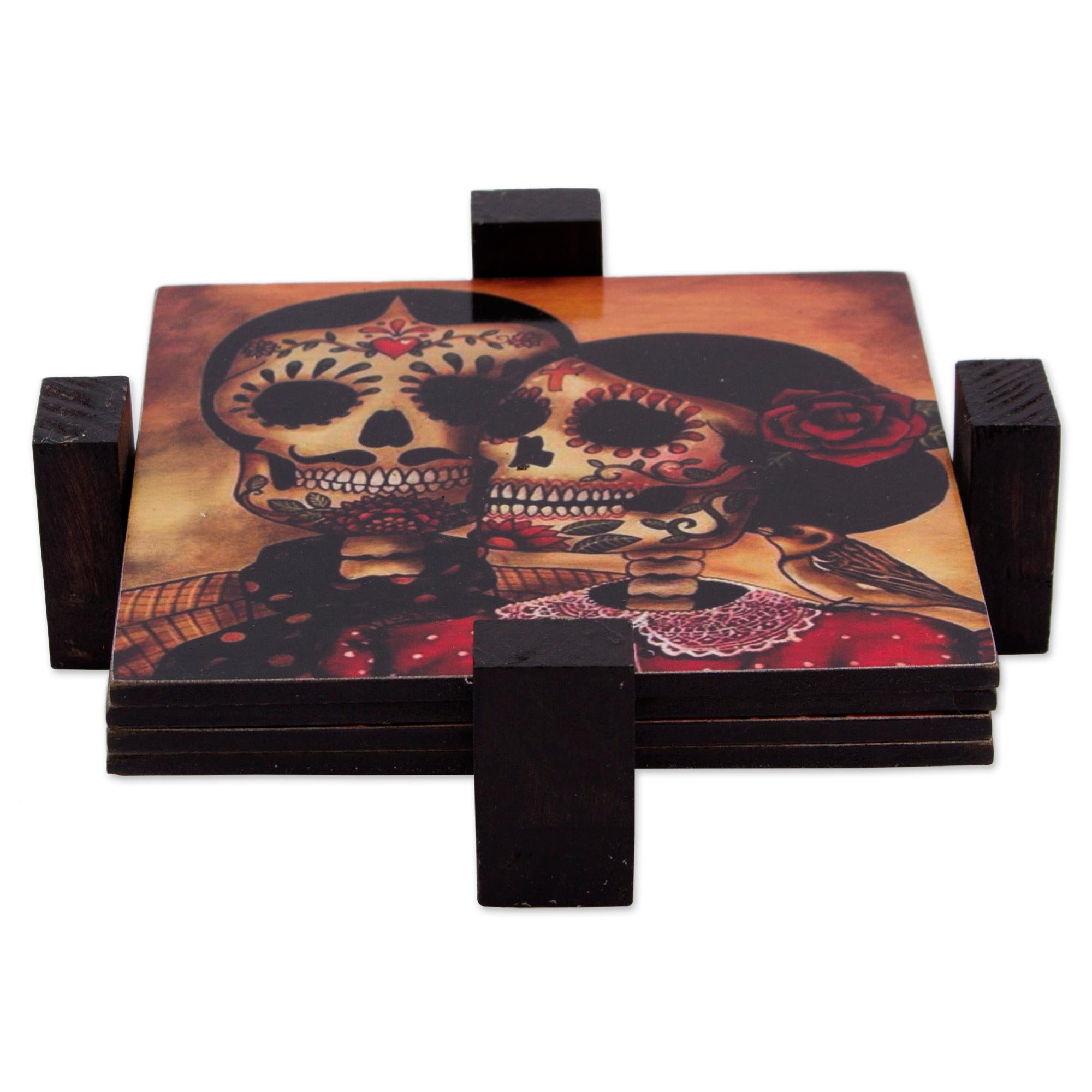 Premium Day of the Dead Romance Coaster Set - Handcrafted Decoupage Art (Set of 4)