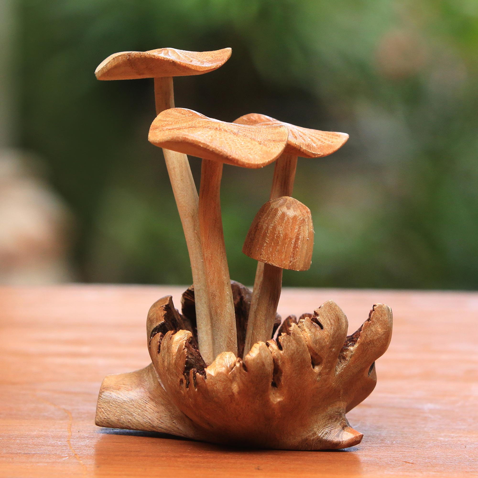 Premium Majestic Mushroom Sculpture - Hand-Carved Jempinis & Benalu Wood Figurine (4.5 in.)