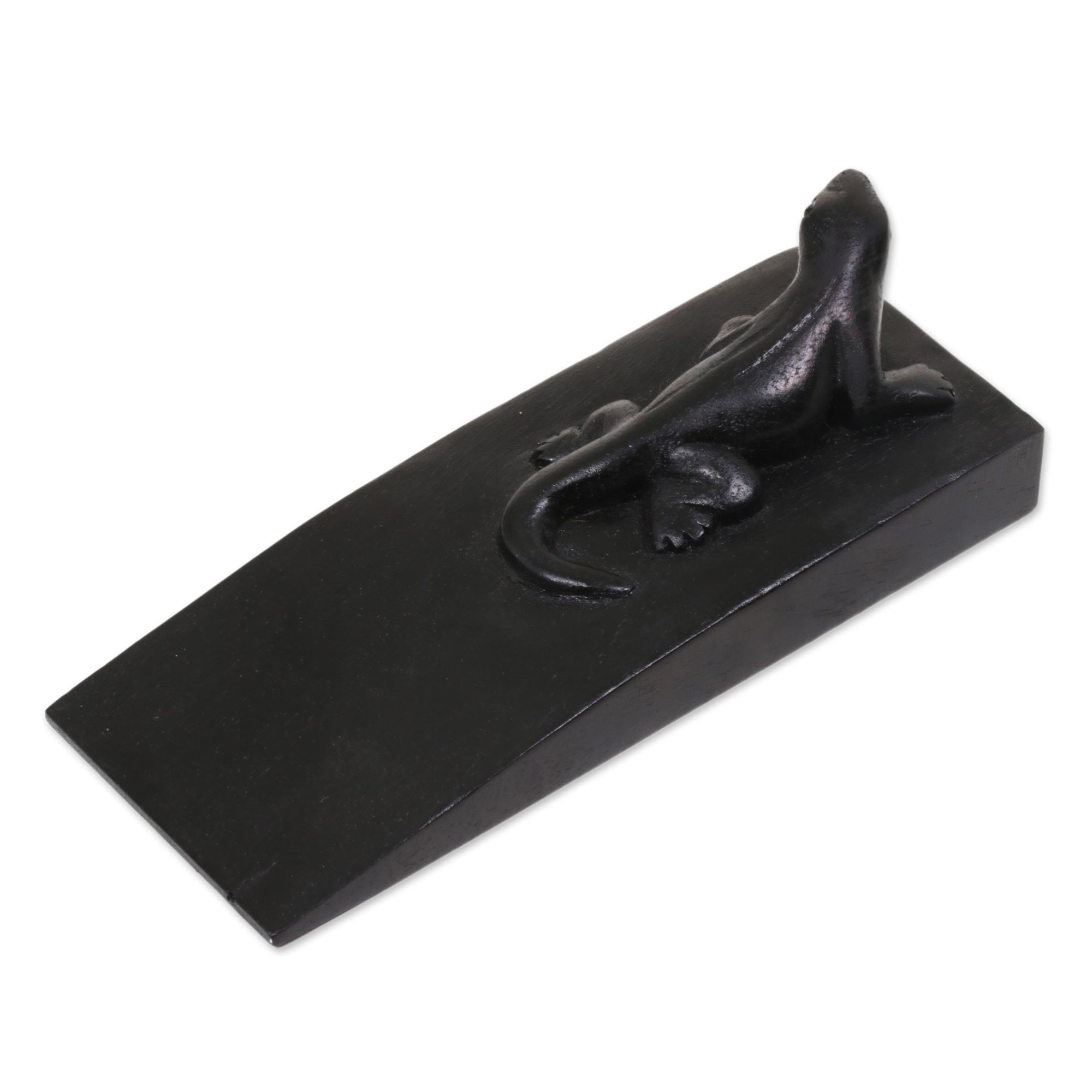 Premium Hand-Carved Suar Wood Gecko Door Stopper - Black