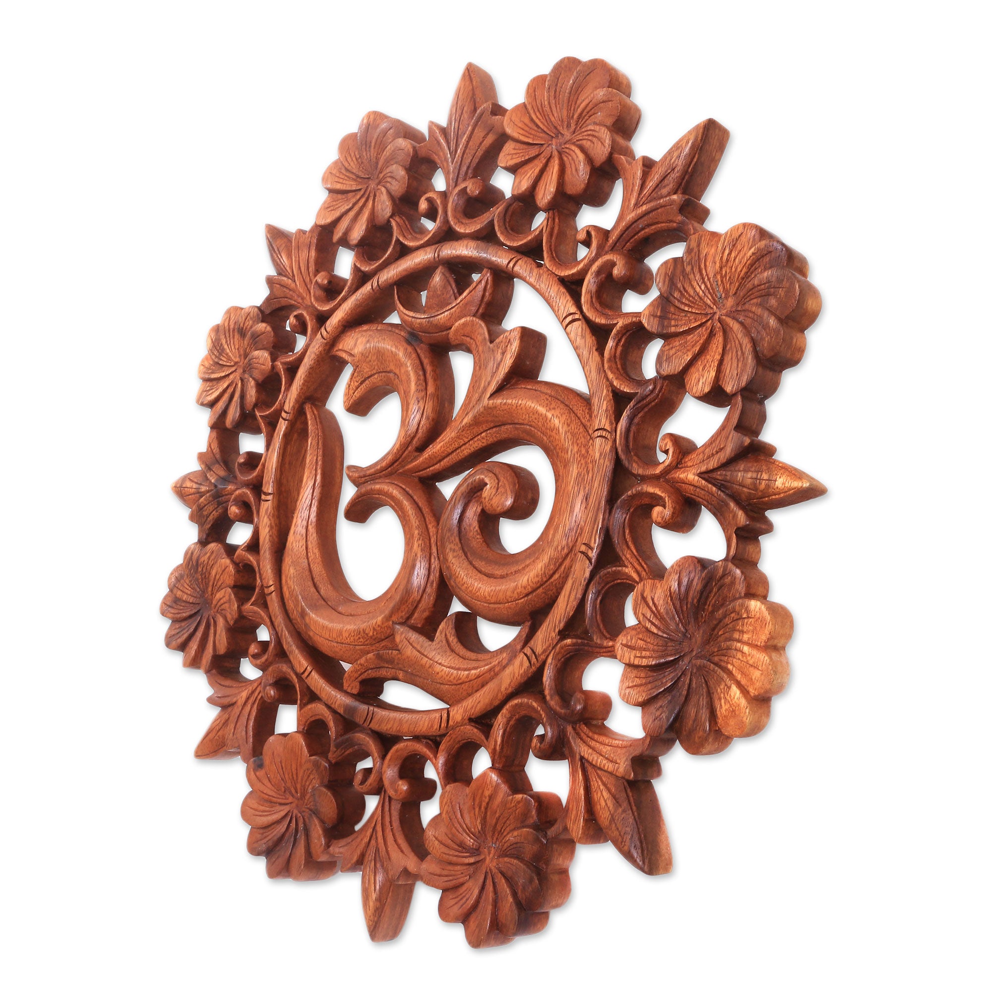 Premium Hand-Carved Om Floral Suar Wood Wall Art from Bali