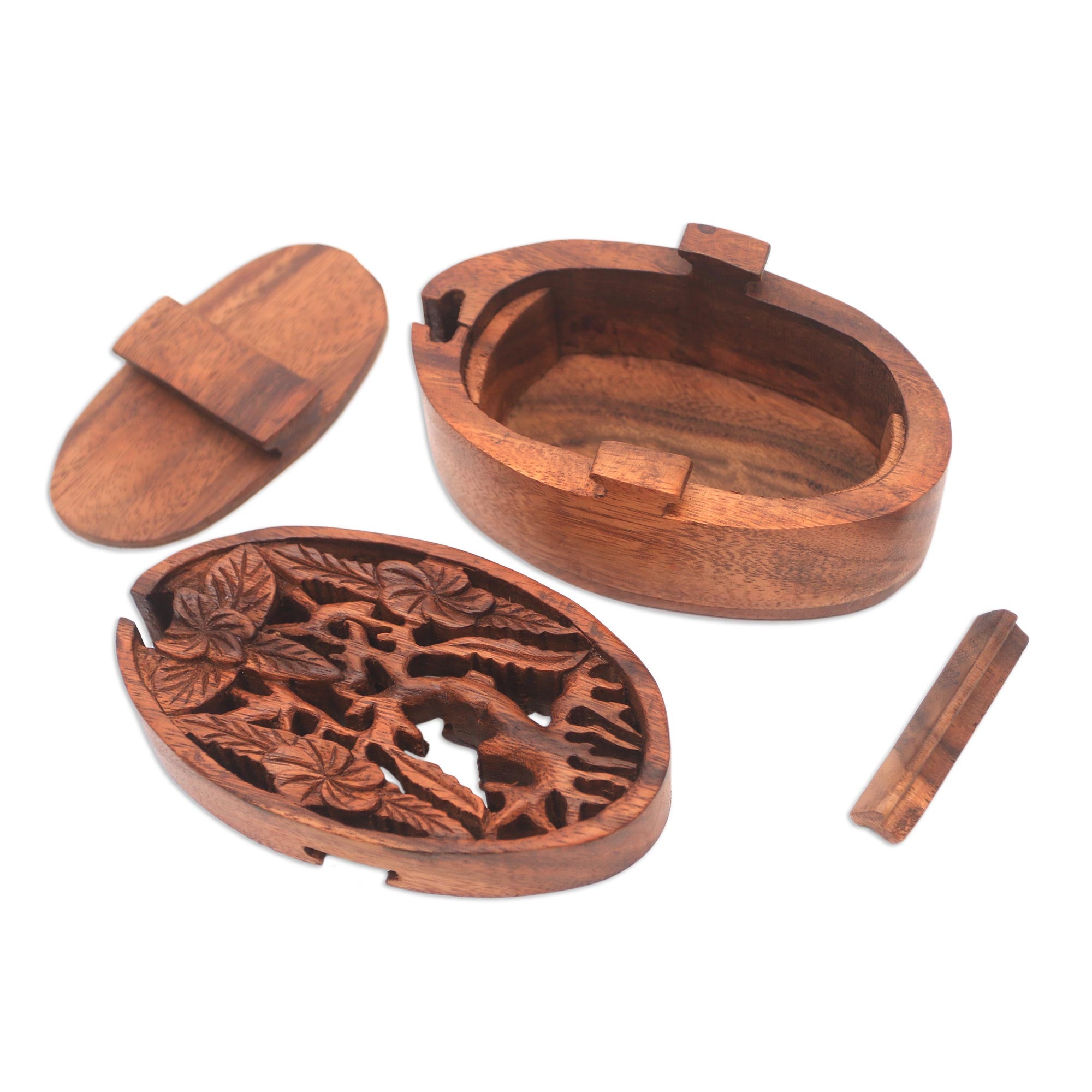 Premium Hand-Carved Suar Wood Puzzle Box with Plumeria Design