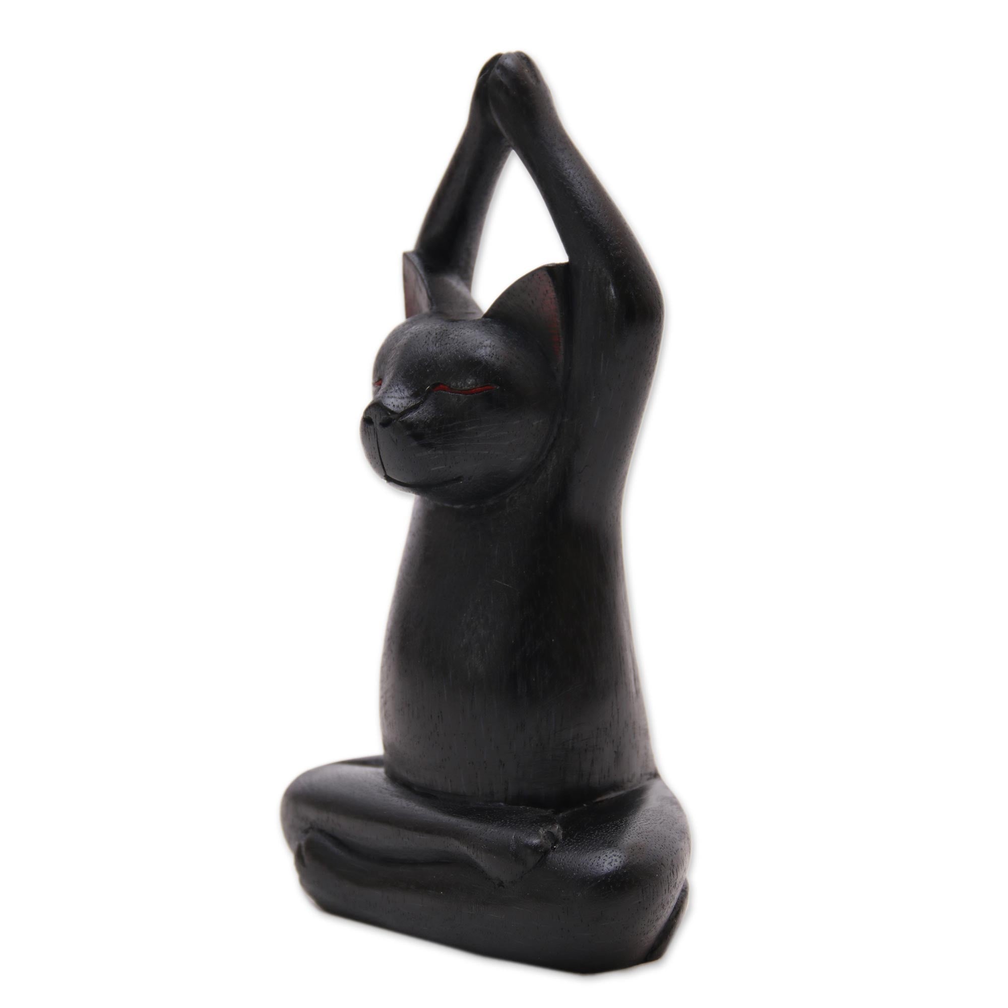 Premium Black Yoga Cat Sculpture - Handcrafted Suar Wood Art from Bali