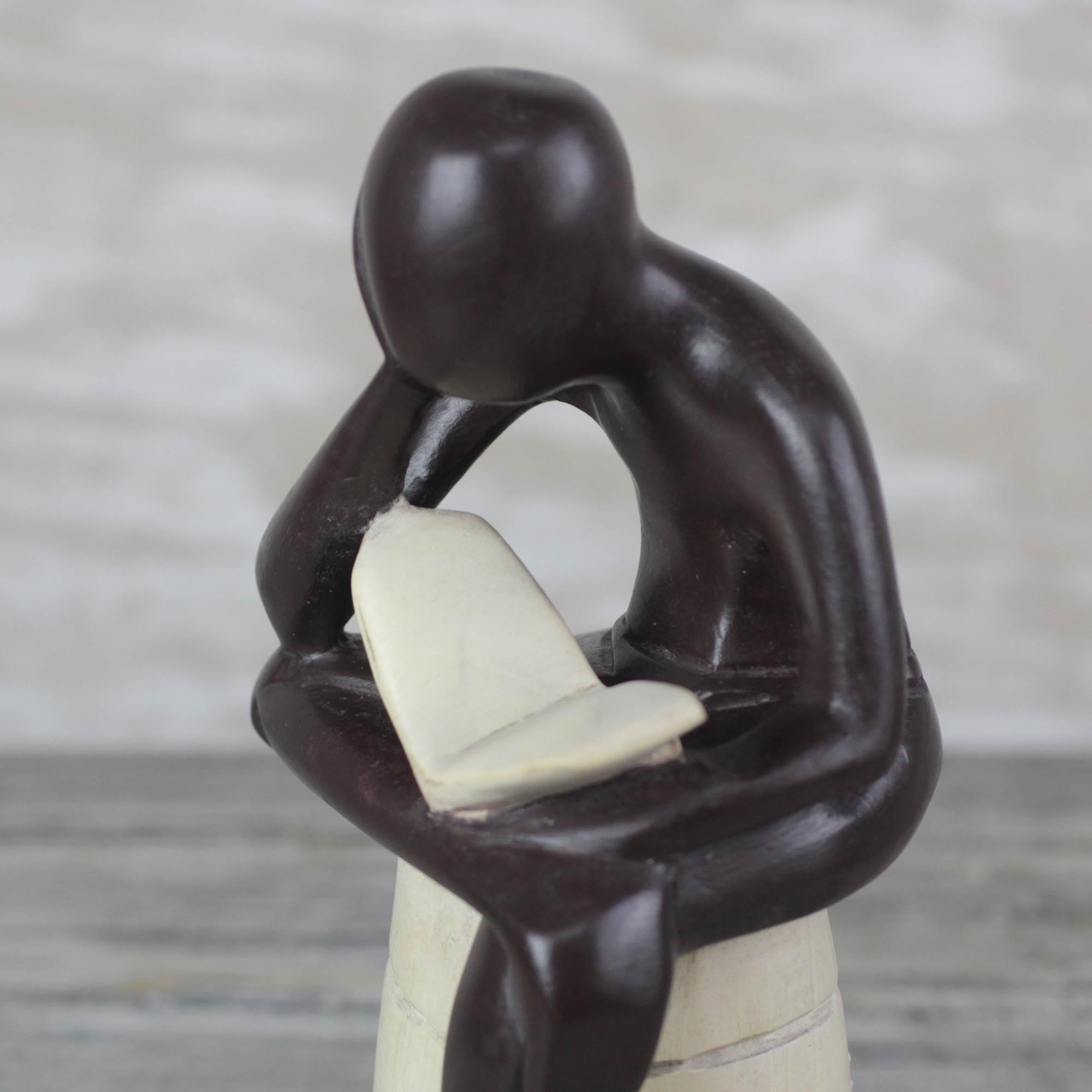 Premium Thoughtful Reader Sculpture: Handcrafted Sese Wood Art from Ghana