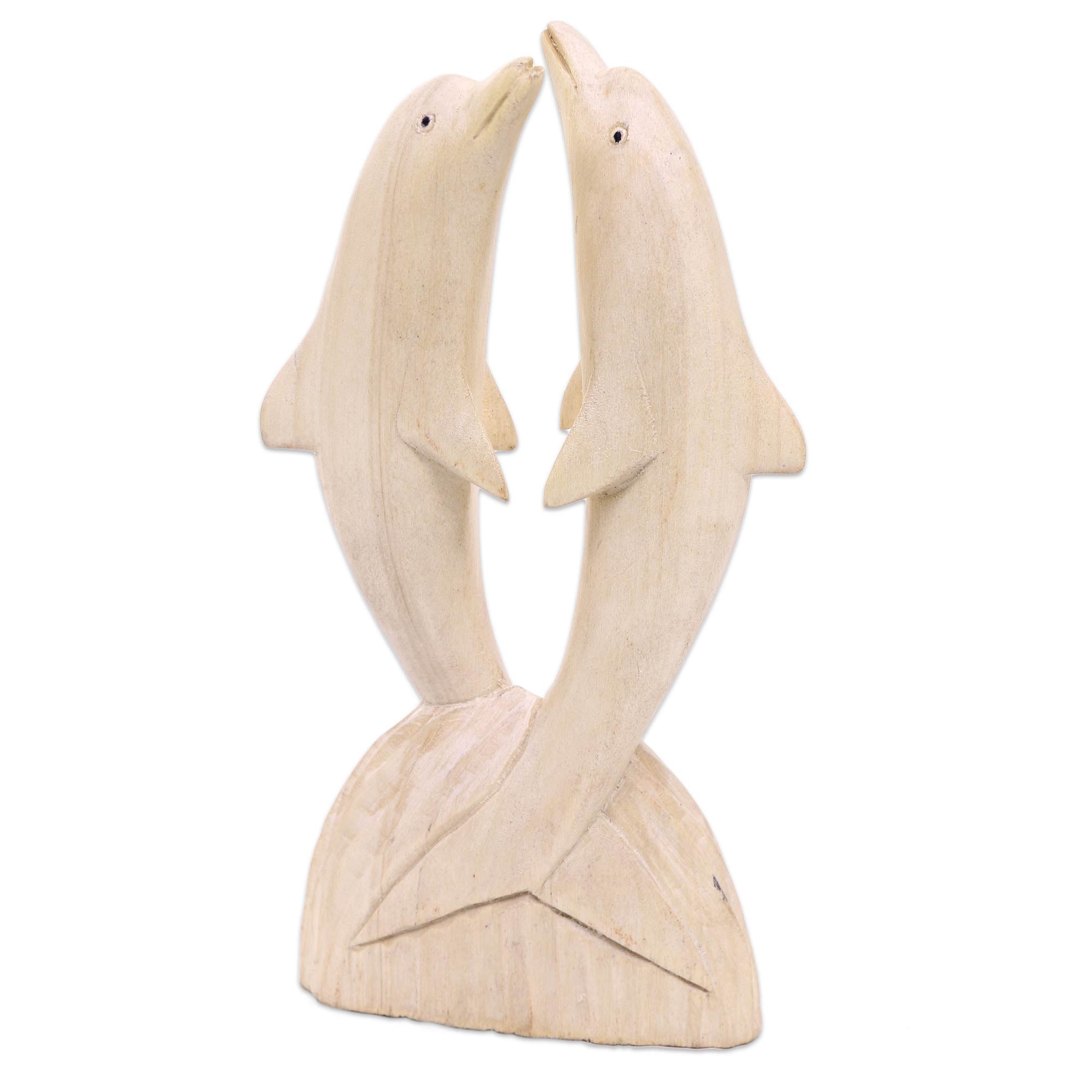 Premium Hand-Carved Hibiscus Wood Dolphin Statuette - Natural Finish