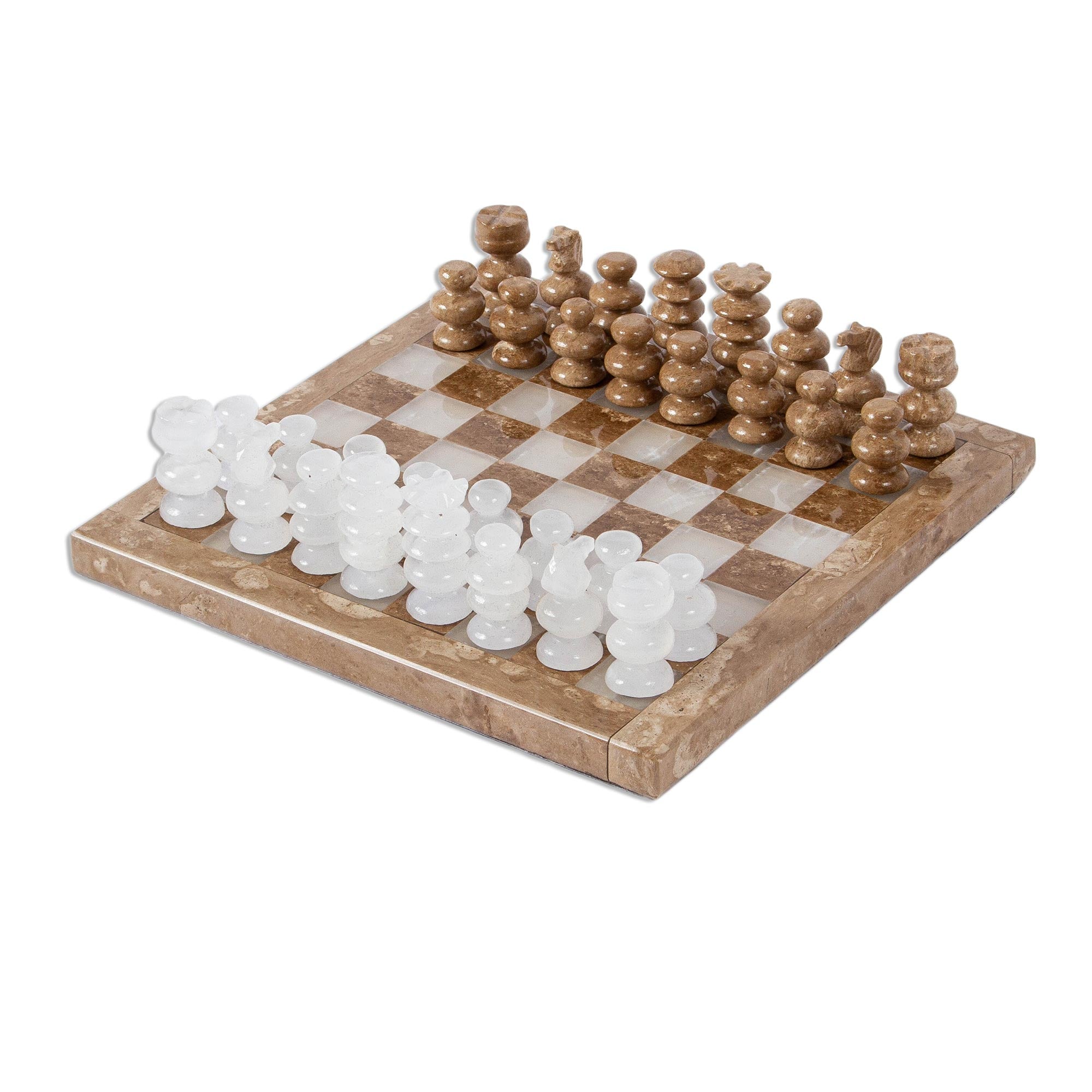 Premium Brown & White Onyx and Marble Chess Set - Handcrafted 7.5 in. Board
