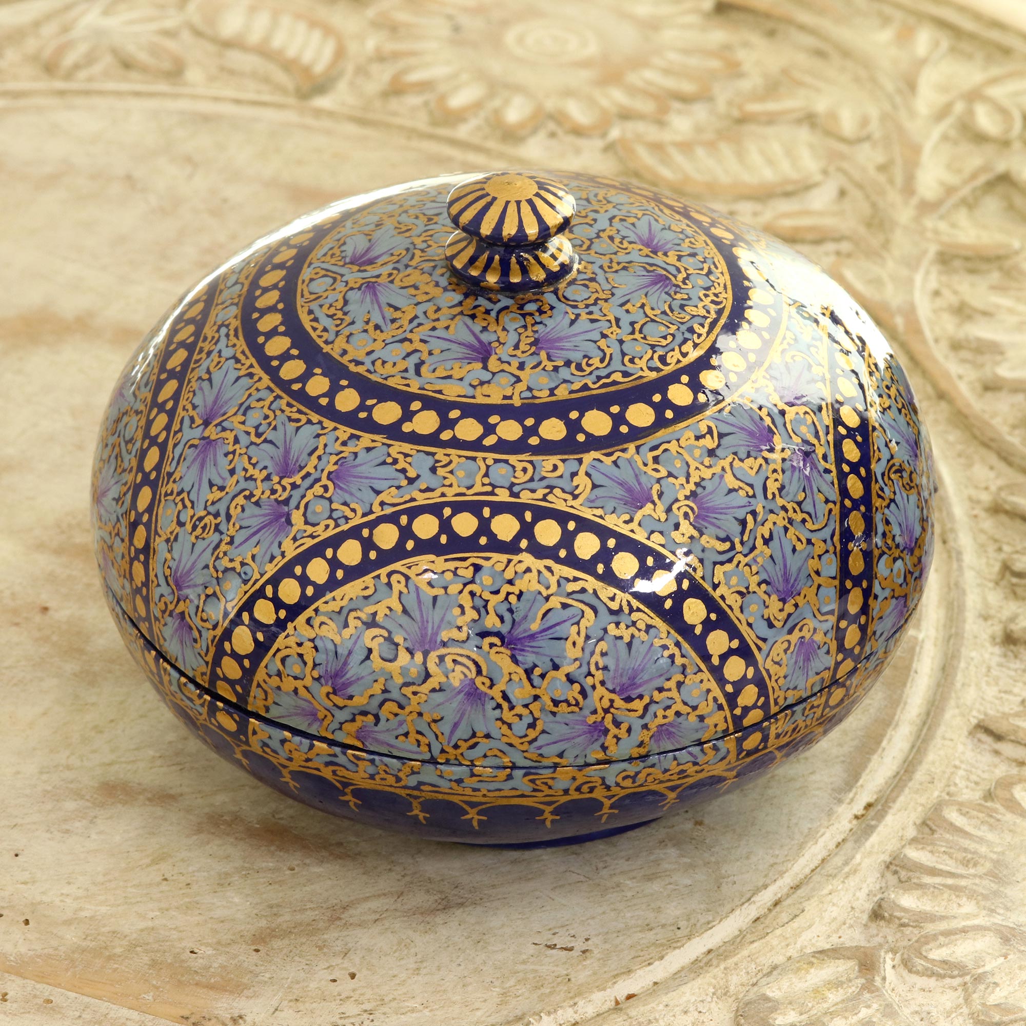Premium Hand-Painted Kashmir Indigo Papier Mache Round Box