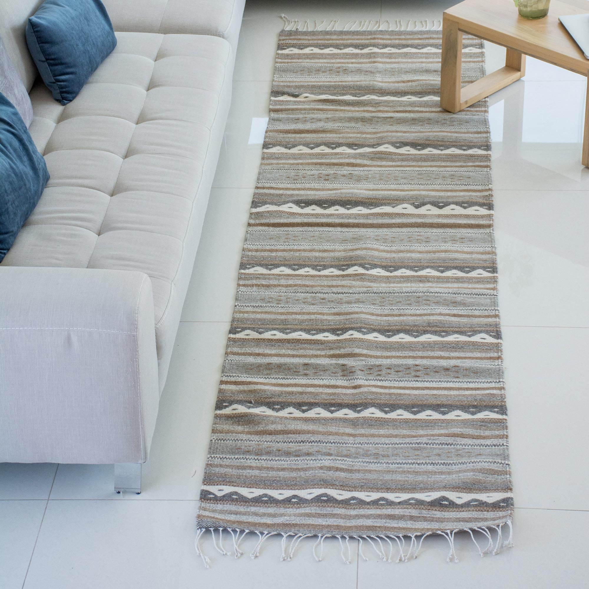 Premium Handmade Zapotec Wool Runner Rug in Gray & Brown (2.6x10) - Sierra Plains Collection