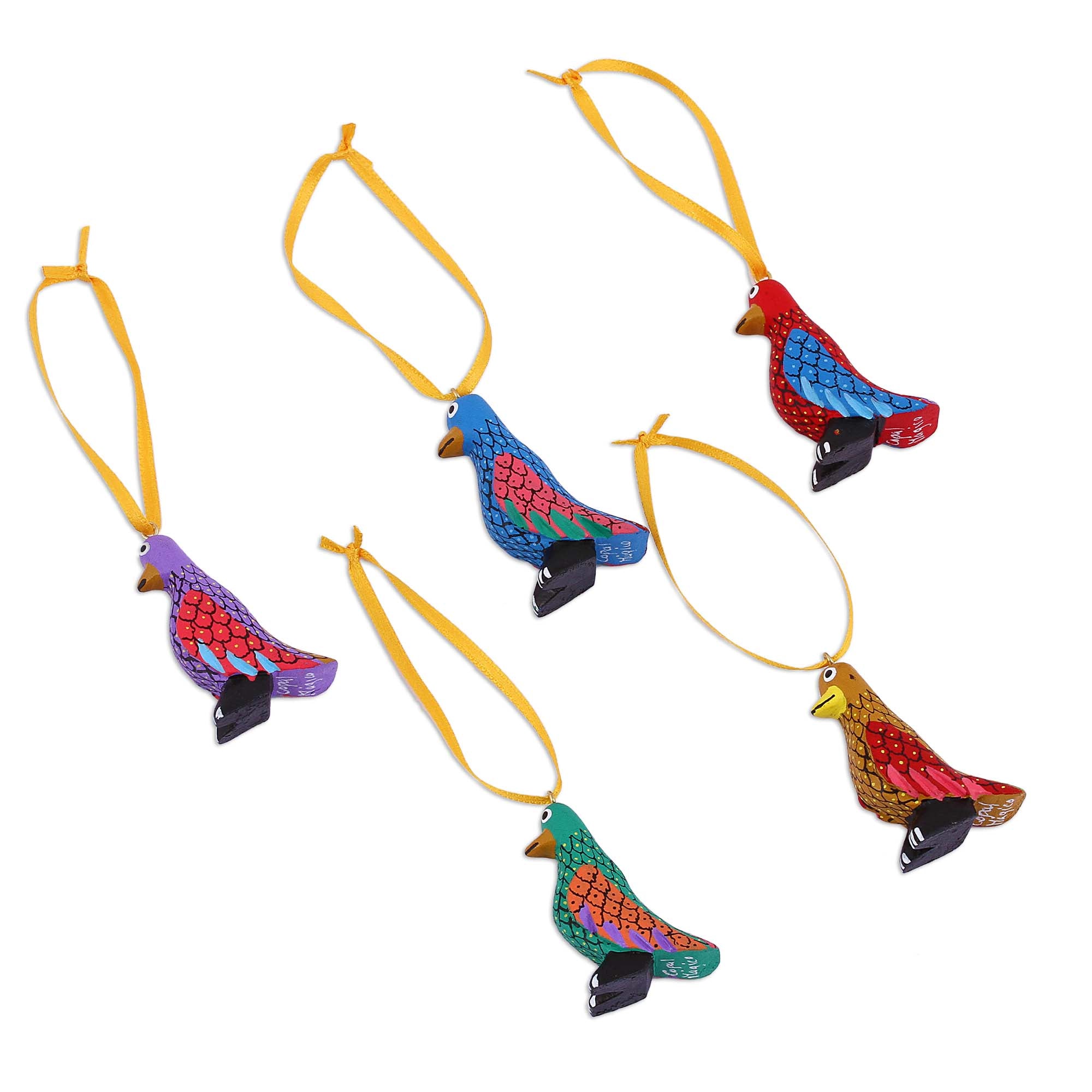 Premium Hand-Crafted Sweet Penguins Wood Alebrije Ornaments - Set of 5 from Mexico