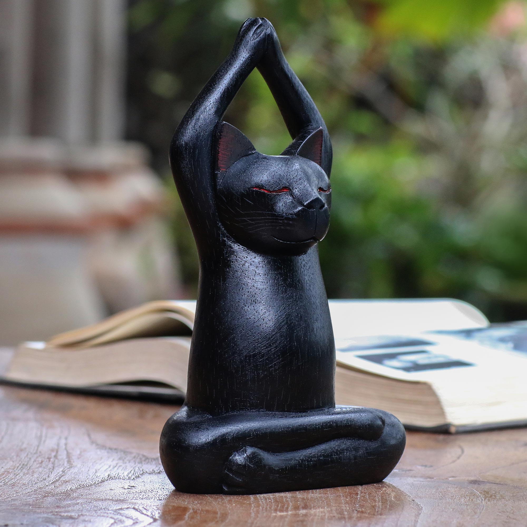 Premium Black Yoga Cat Sculpture - Handcrafted Suar Wood Art from Bali