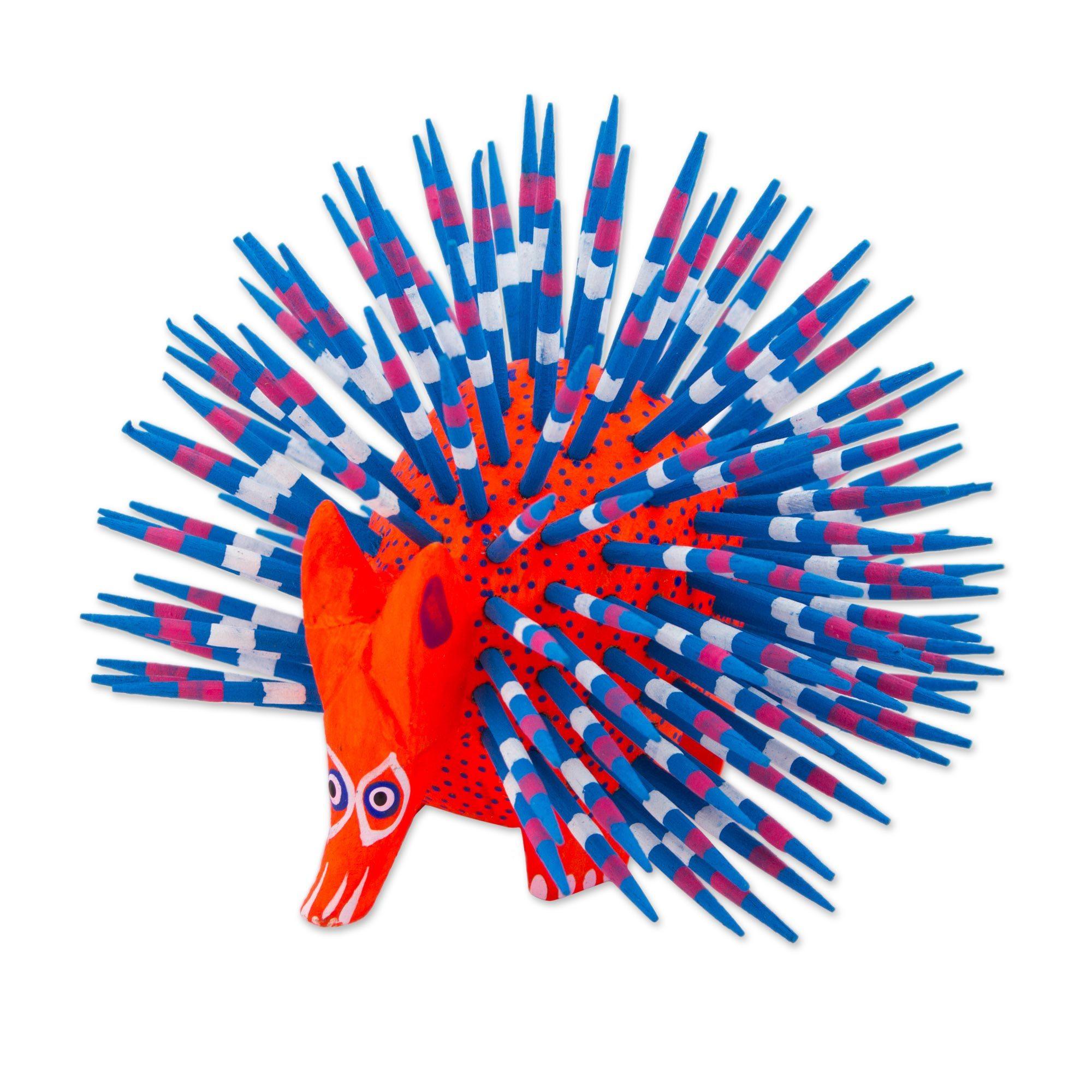 Premium Handpainted Porcupine Sculpture - Blue & Red Artisan Craft