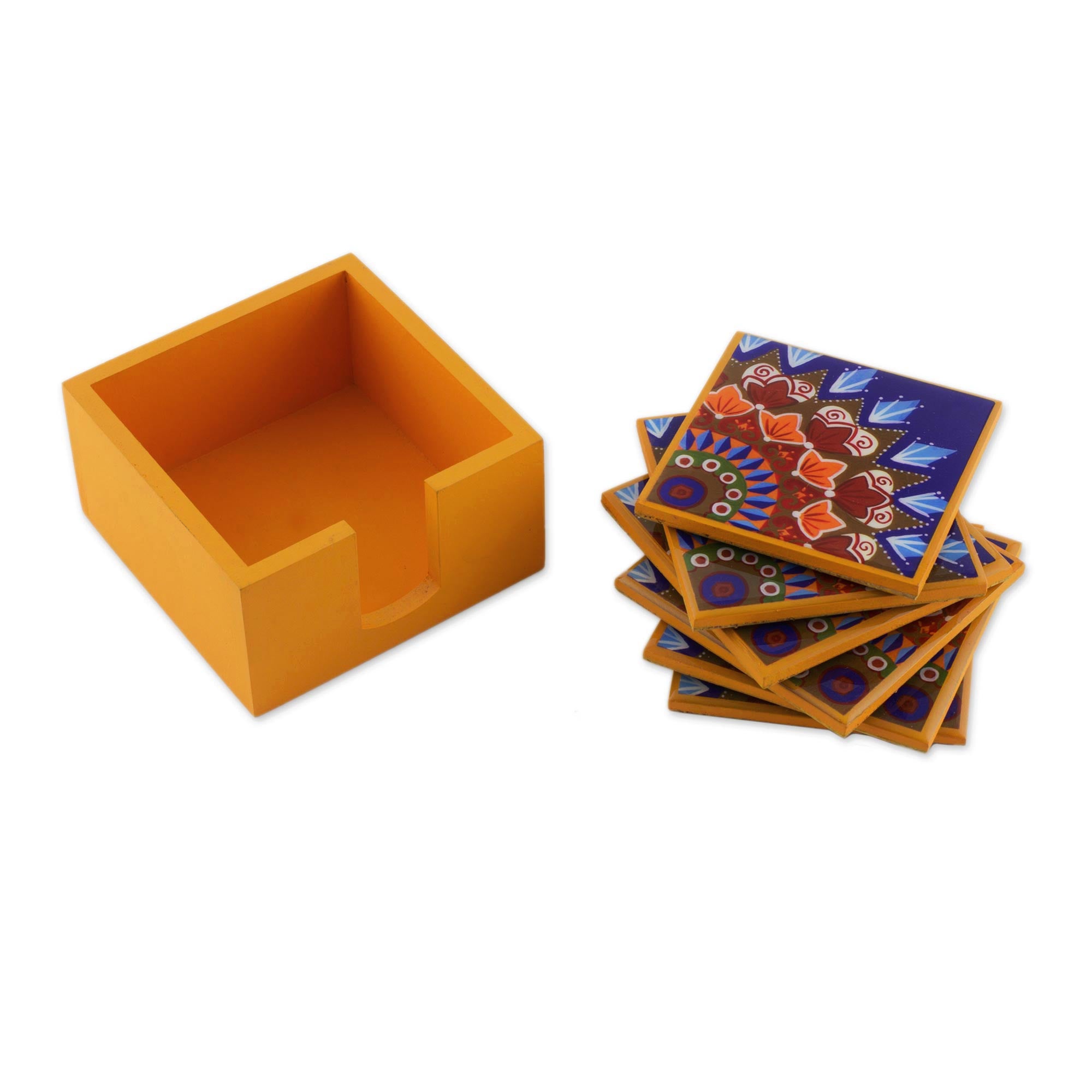 Premium Handcrafted Wood Coasters Set - Vibrant Yellow Design from Costa Rica