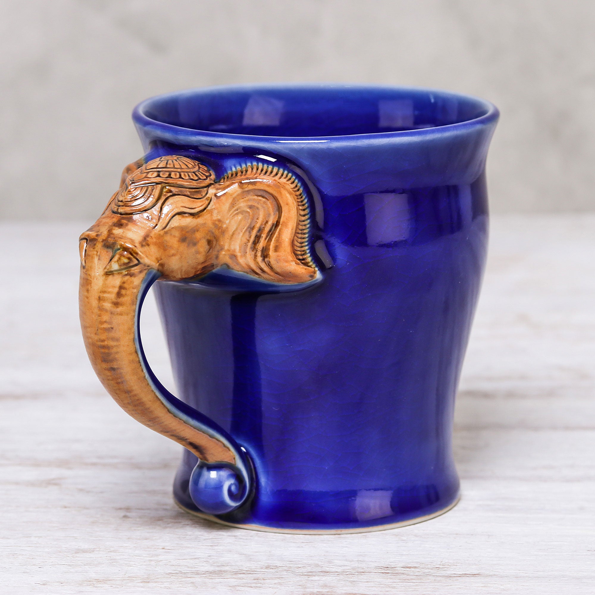Premium Elephant Handle Ceramic Mug - Blue Celadon, Handcrafted in Thailand (10 oz)