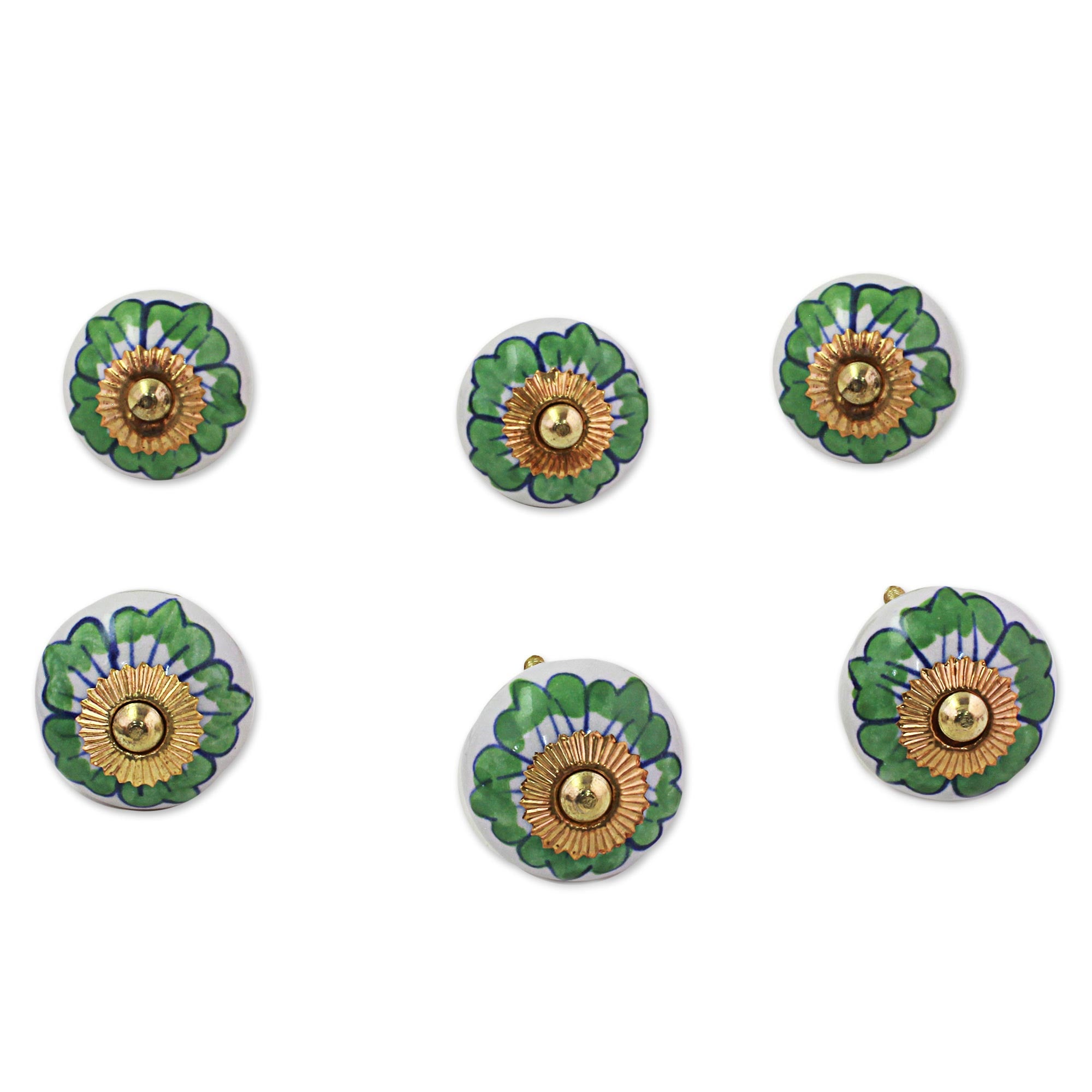 Premium Handcrafted Floral Ceramic Cabinet Knobs - Green & White (Set of 6)