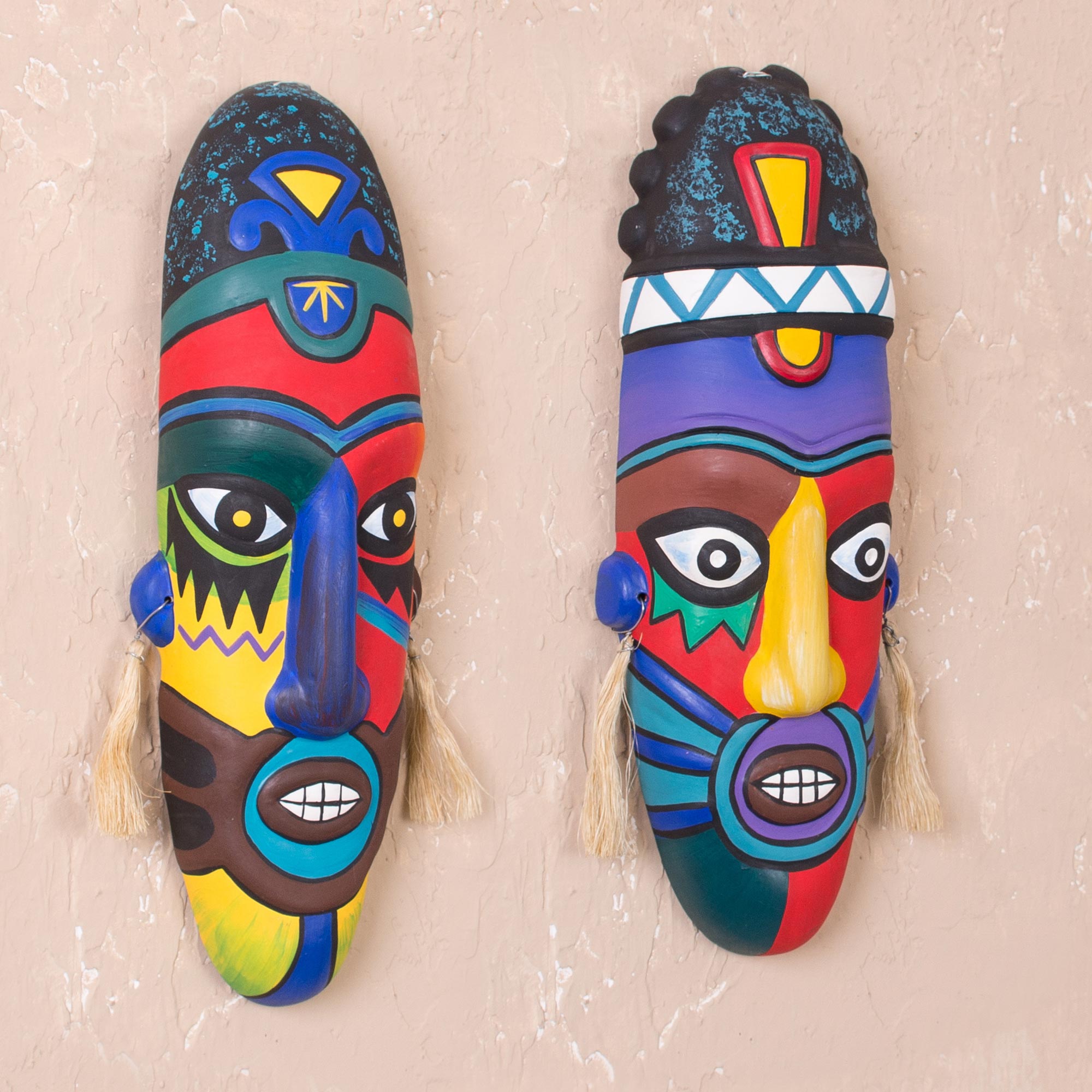 Premium Handcrafted Ceramic Folk Art Masks - Ancient Peruvian Culture Inspired (Pair)