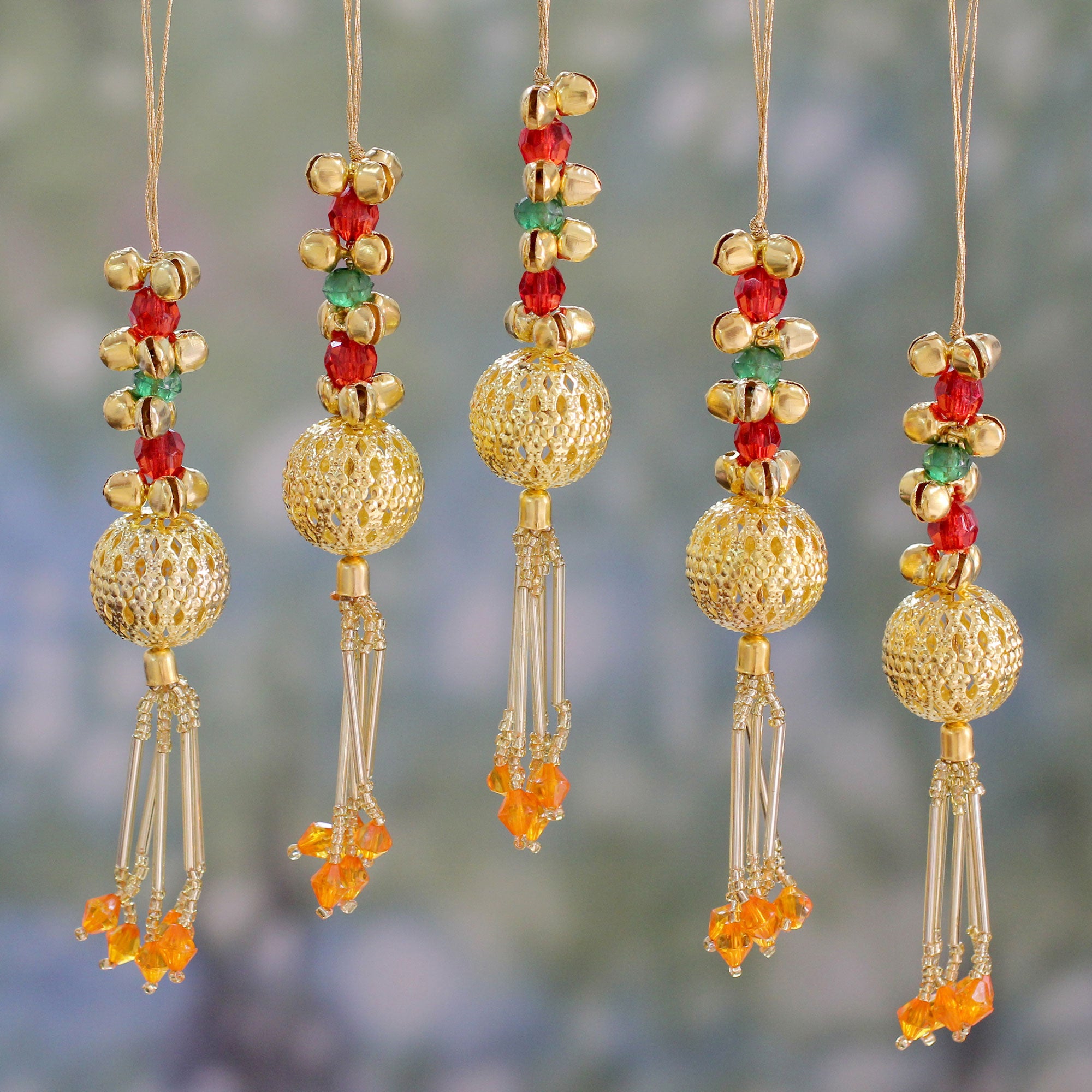 Premium Handcrafted Beaded Brass Bell Christmas Ornaments - Set of 5