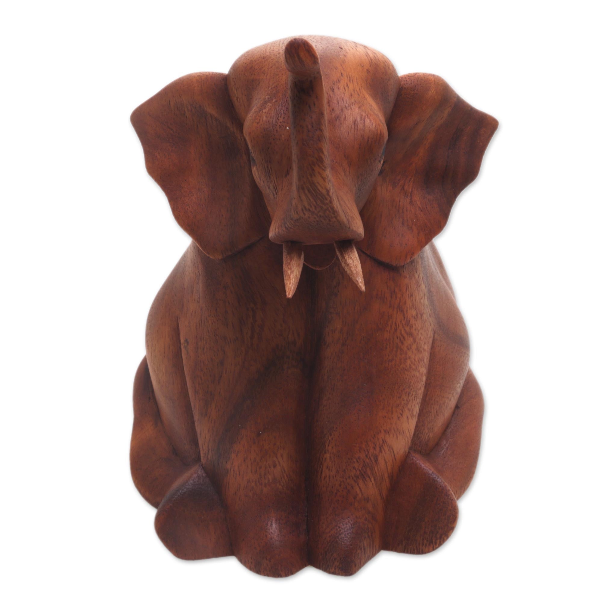 Premium Hand-Carved Suar Wood Baby Elephant Sculpture - Artisan Signed
