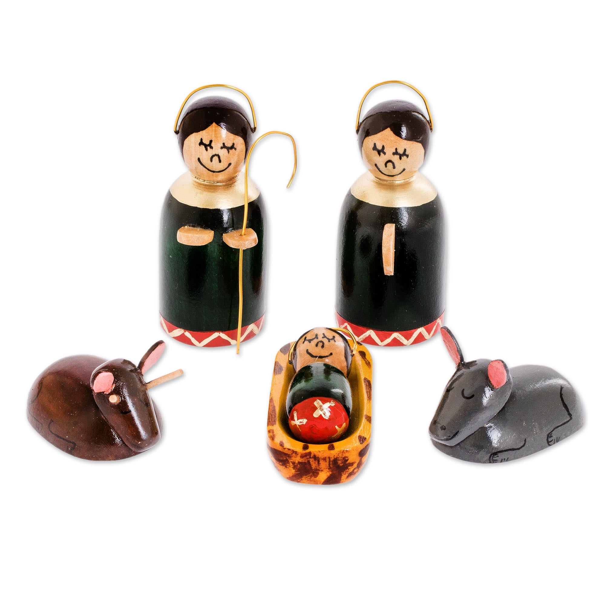 Premium Handcrafted Holy Family Nativity Scene in Dark Green - Eco-Friendly Cypress Wood