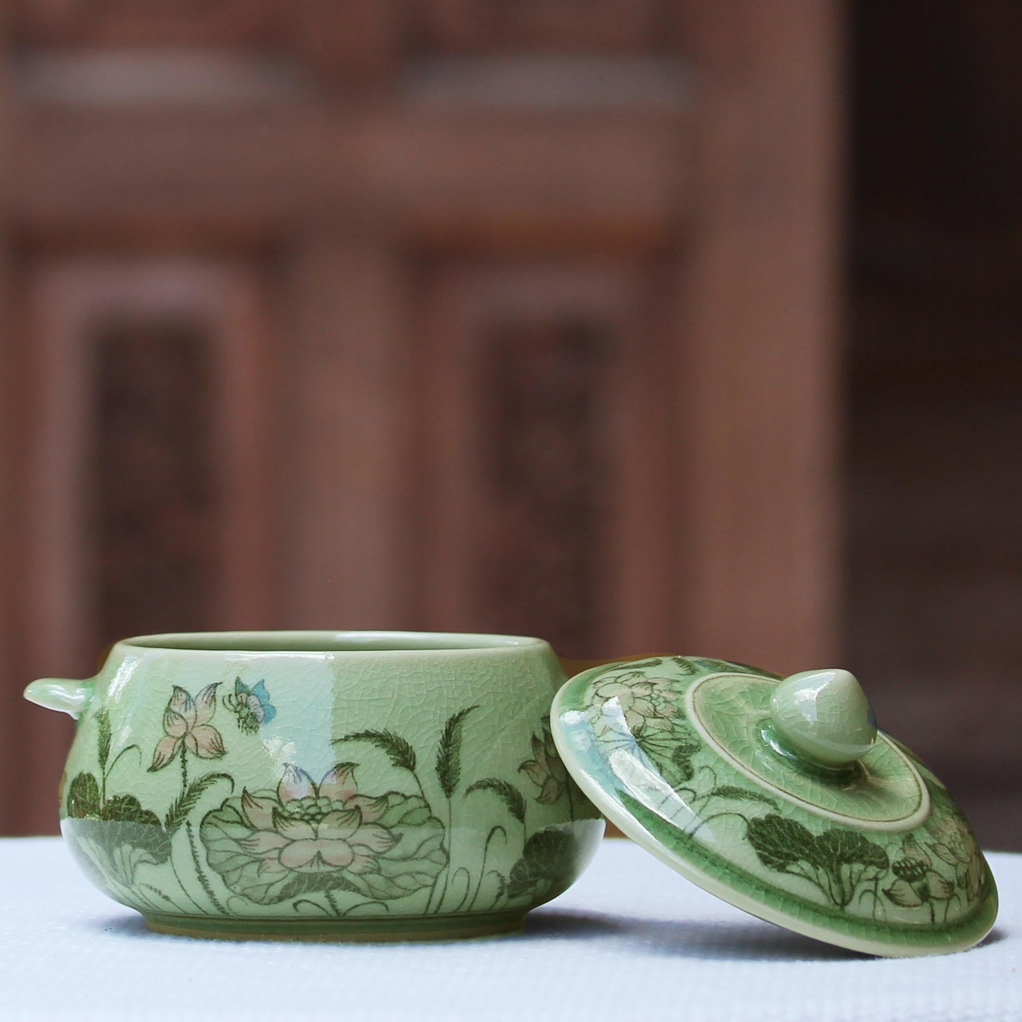 Premium Lotus Bouquet Celadon Ceramic Soup Bowl with Lid - Handcrafted in Thailand