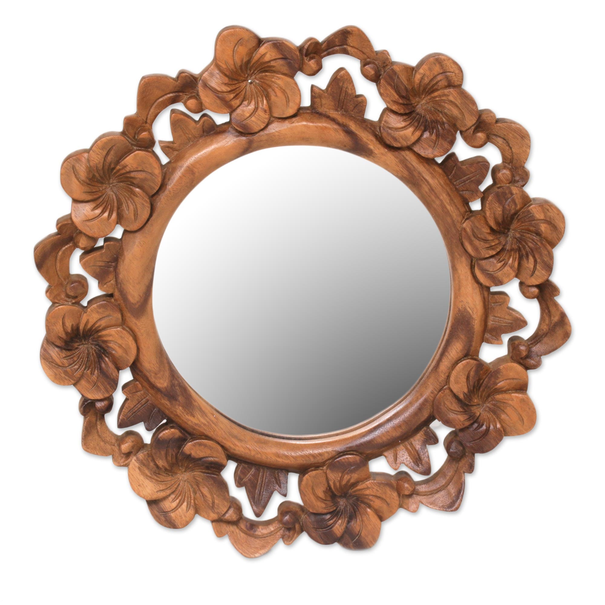 Premium Balinese Floral Wall Mirror - Hand Carved Suar Wood, Jepun Design