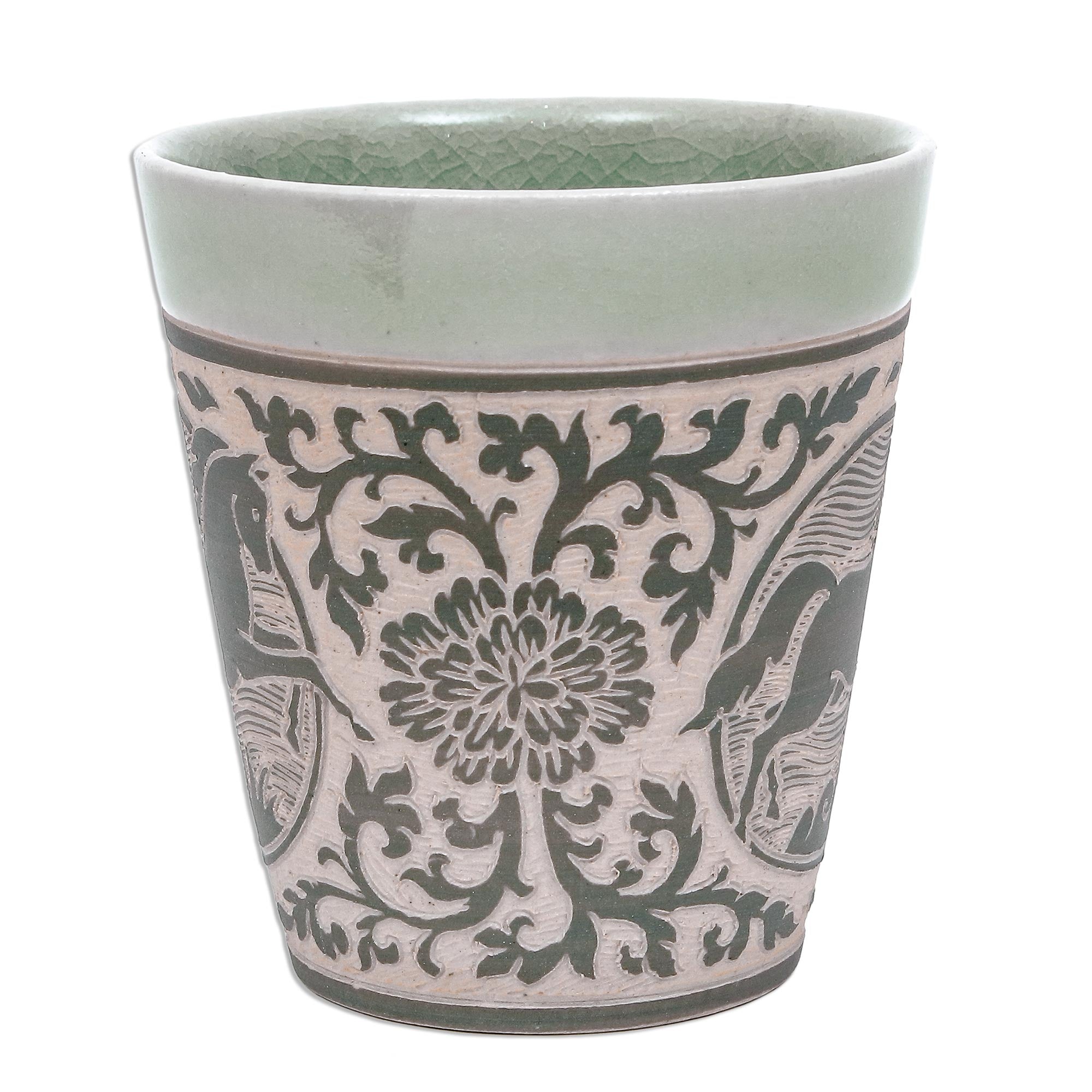 Premium Thai Celadon Horse Ceramic Mug - Handcrafted Artisan Design