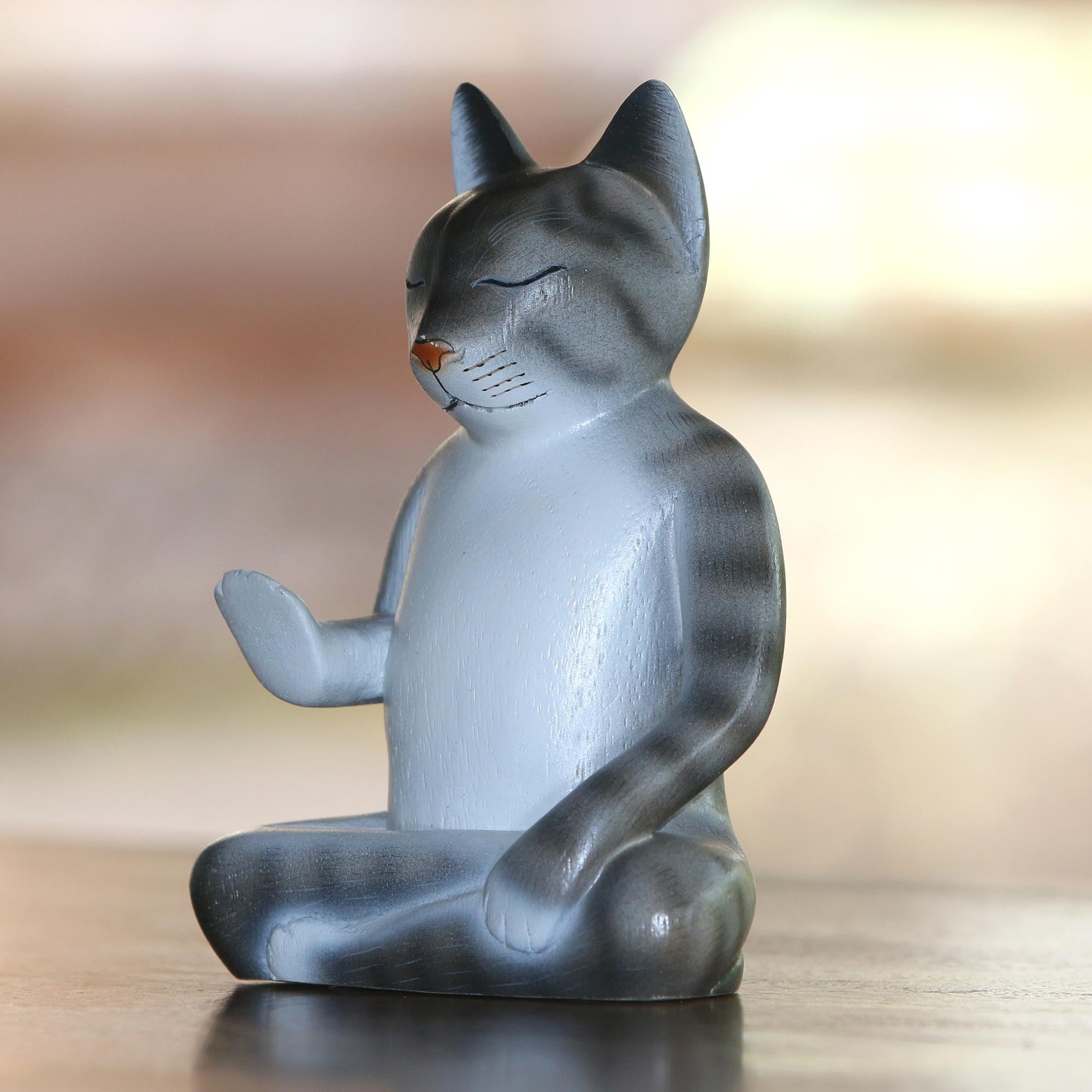 Premium Nirvana Kitty Meditation Sculpture - Handcrafted Grey & White Cat from Bali