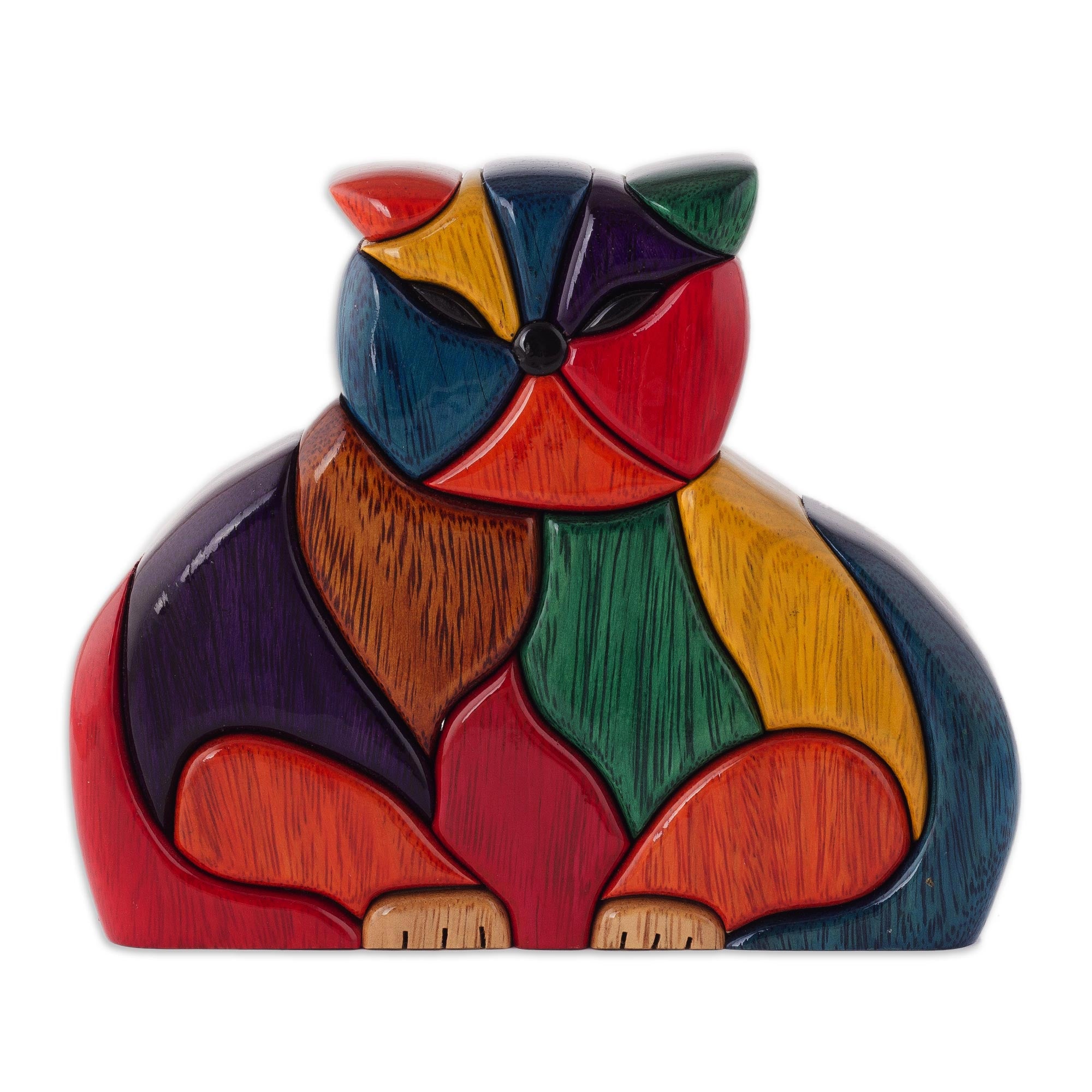 Premium Handcrafted Patchwork Cat Sculpture in Ishpingo Wood
