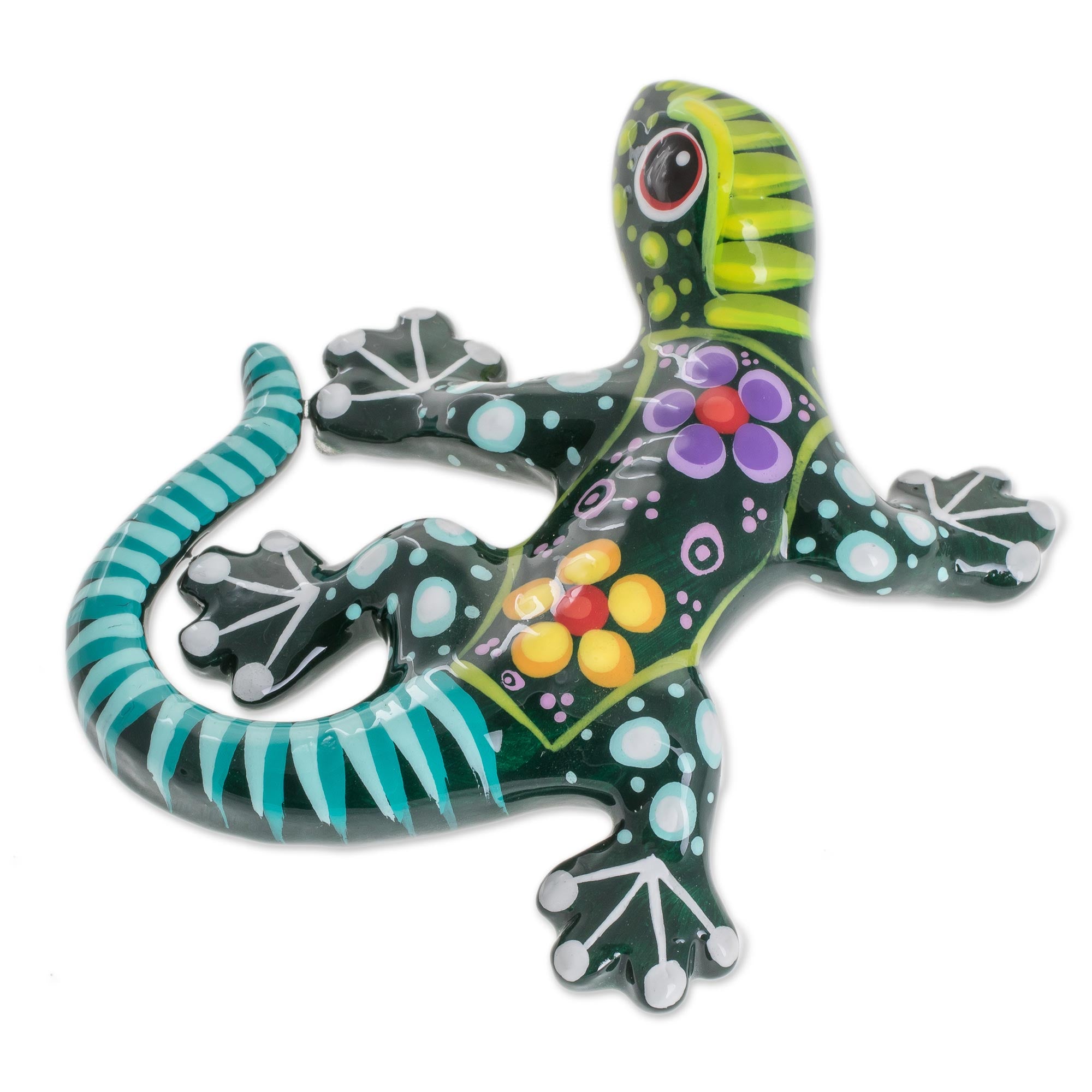 Premium Hand-Painted Ceramic Gecko - Green with Multi-Color Floral Motif