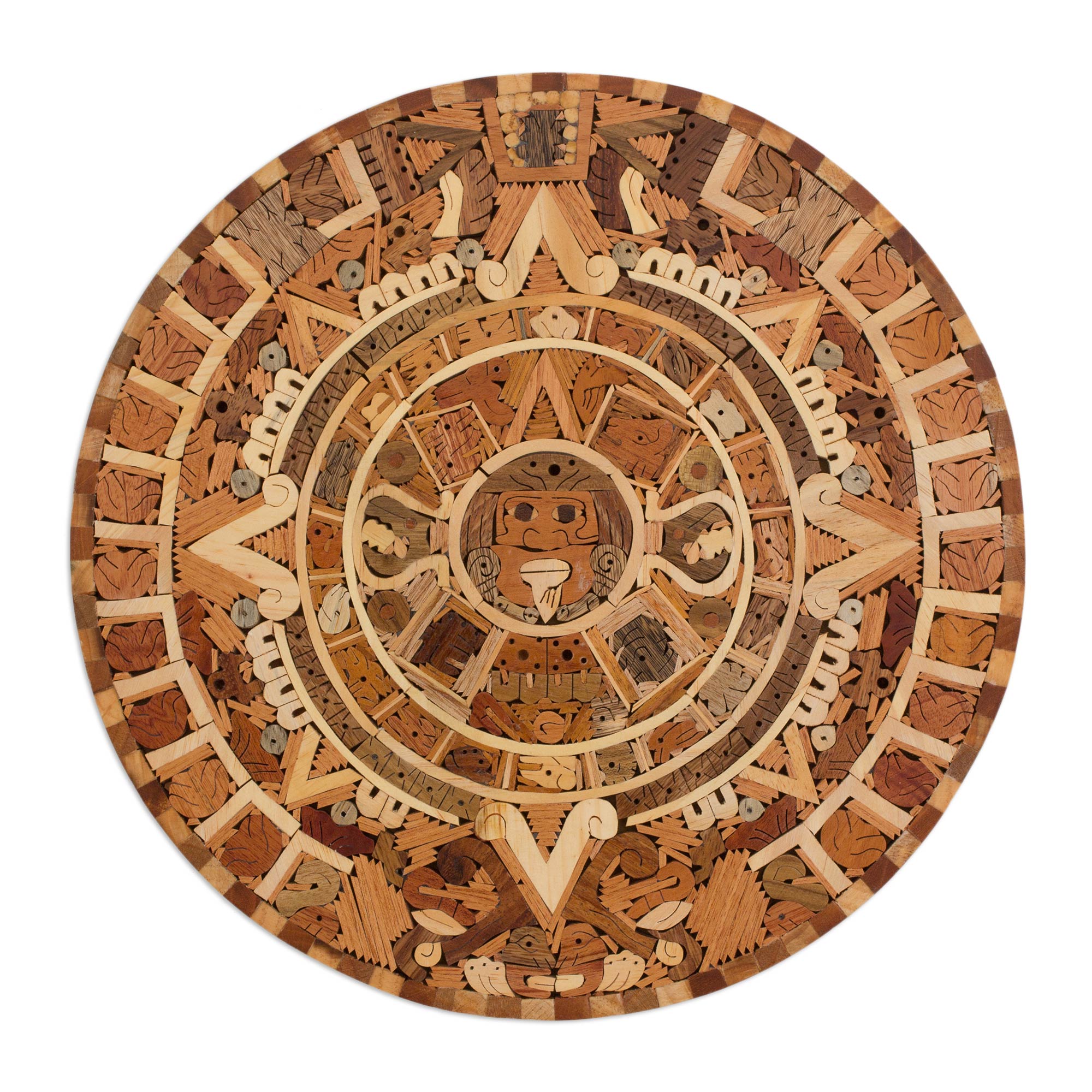 Premium Handcrafted Aztec Sun Stone Wood Calendar - Central American Art
