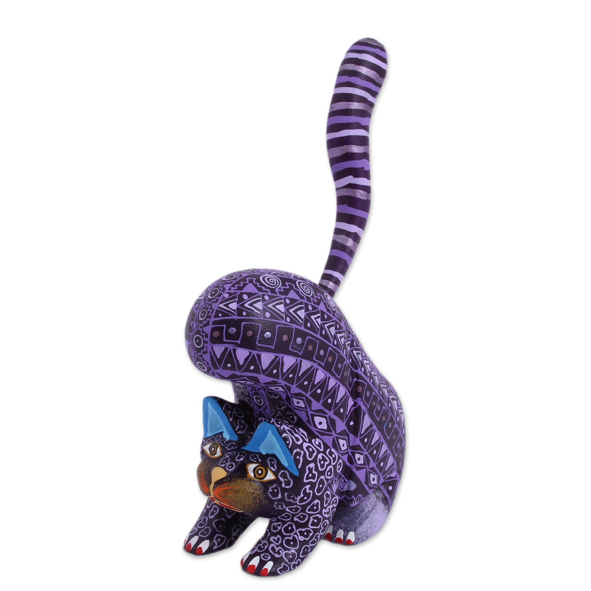 Premium Hand-Painted Purple Alebrije Cat Figurine - Authentic Mexican Folk Art
