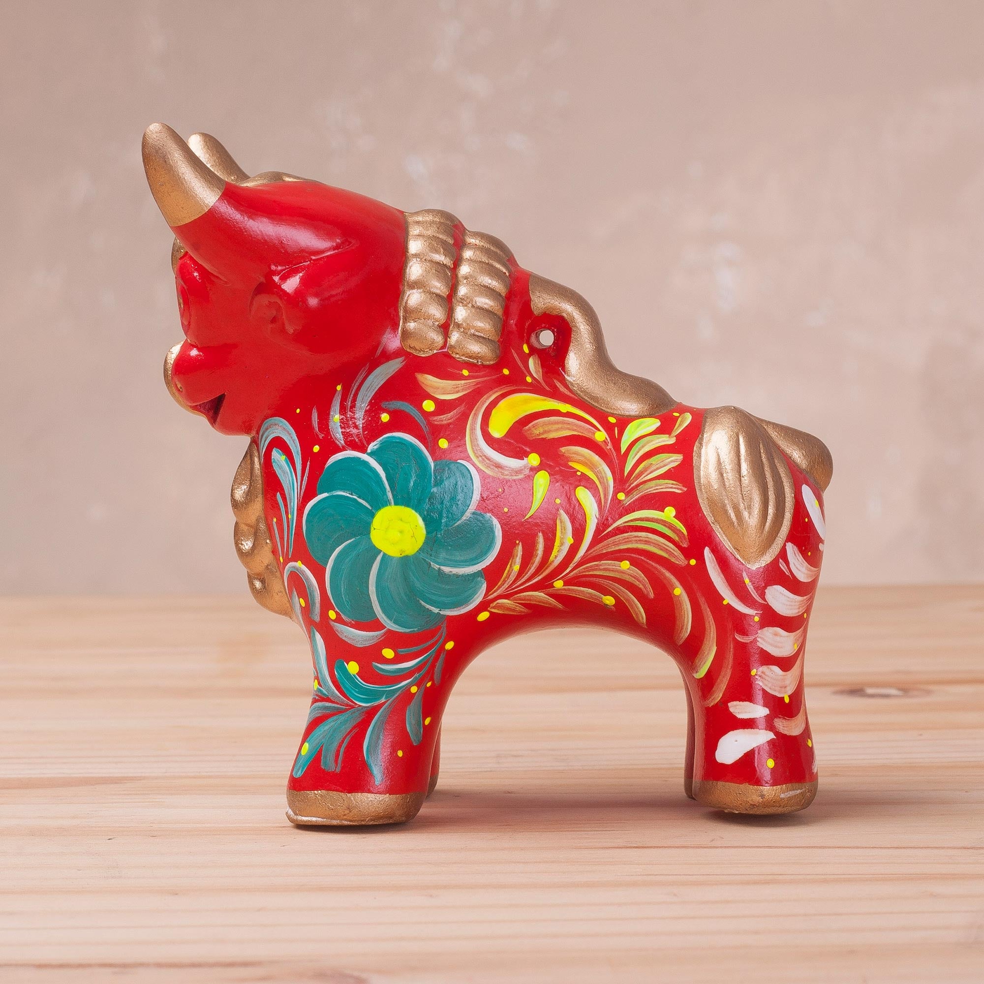 Premium Pucara Bull Sculpture - Handcrafted Red Ceramic with Floral Designs from Peru