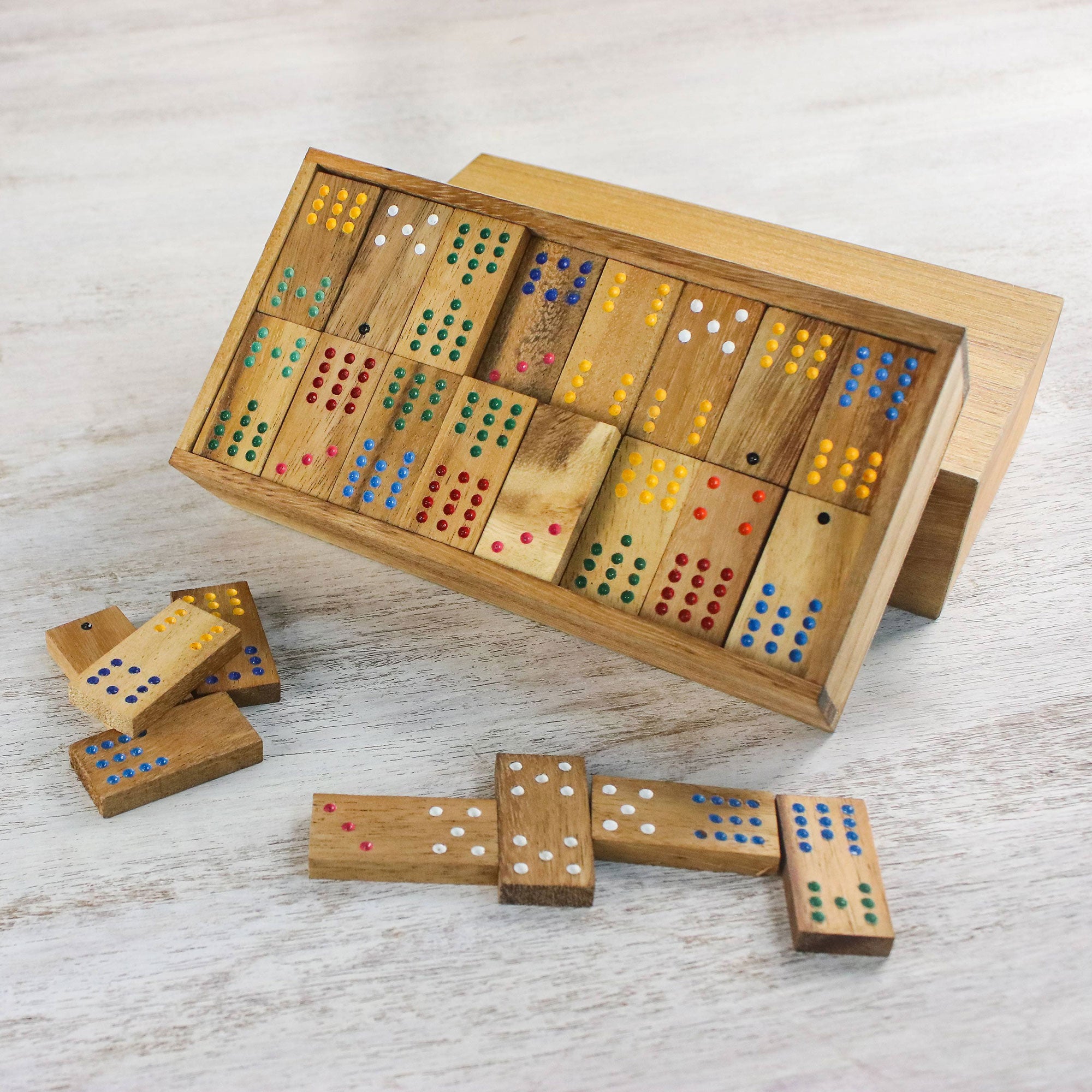 Premium Handcrafted Colorful Dominoes Set - Rain Tree Wood Edition