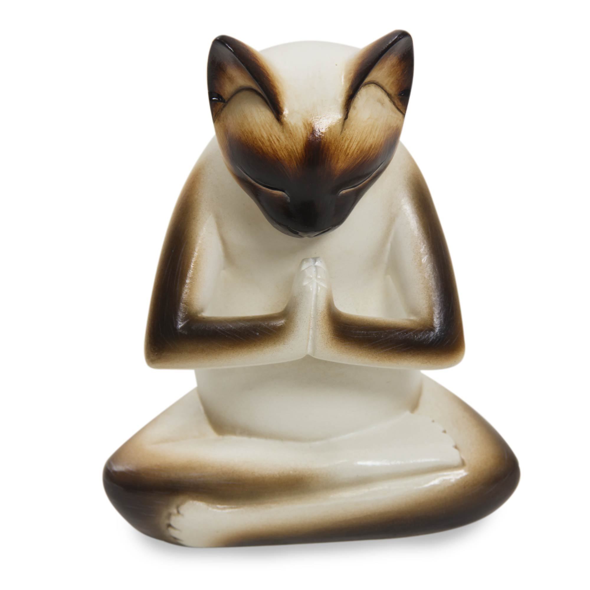 Premium Meditating Siamese Cat Sculpture - Handcrafted Albesia Wood Art