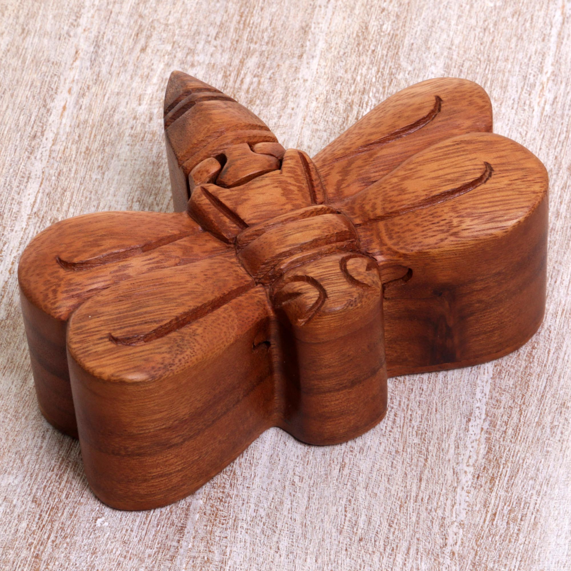 Premium Handcrafted Suar Wood Dragonfly Decorative Box - Unique Indonesian Artistry