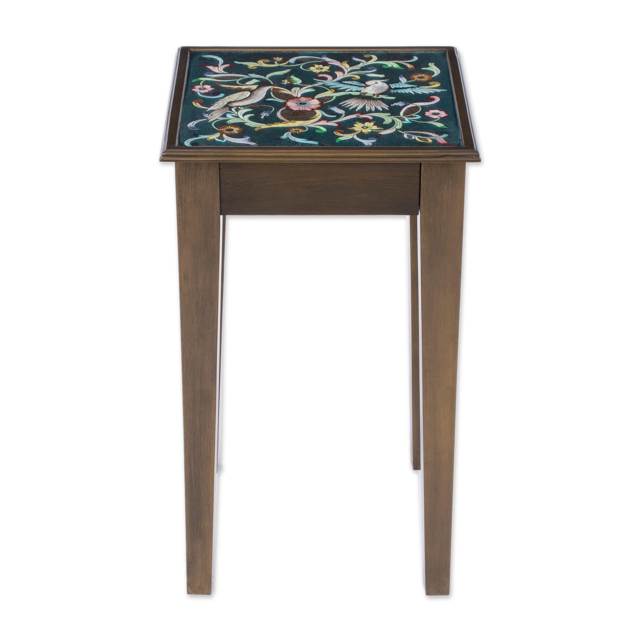 Premium Hand-Painted Glass & Cedar Wood Accent Table - 'Birds in the Heavens'