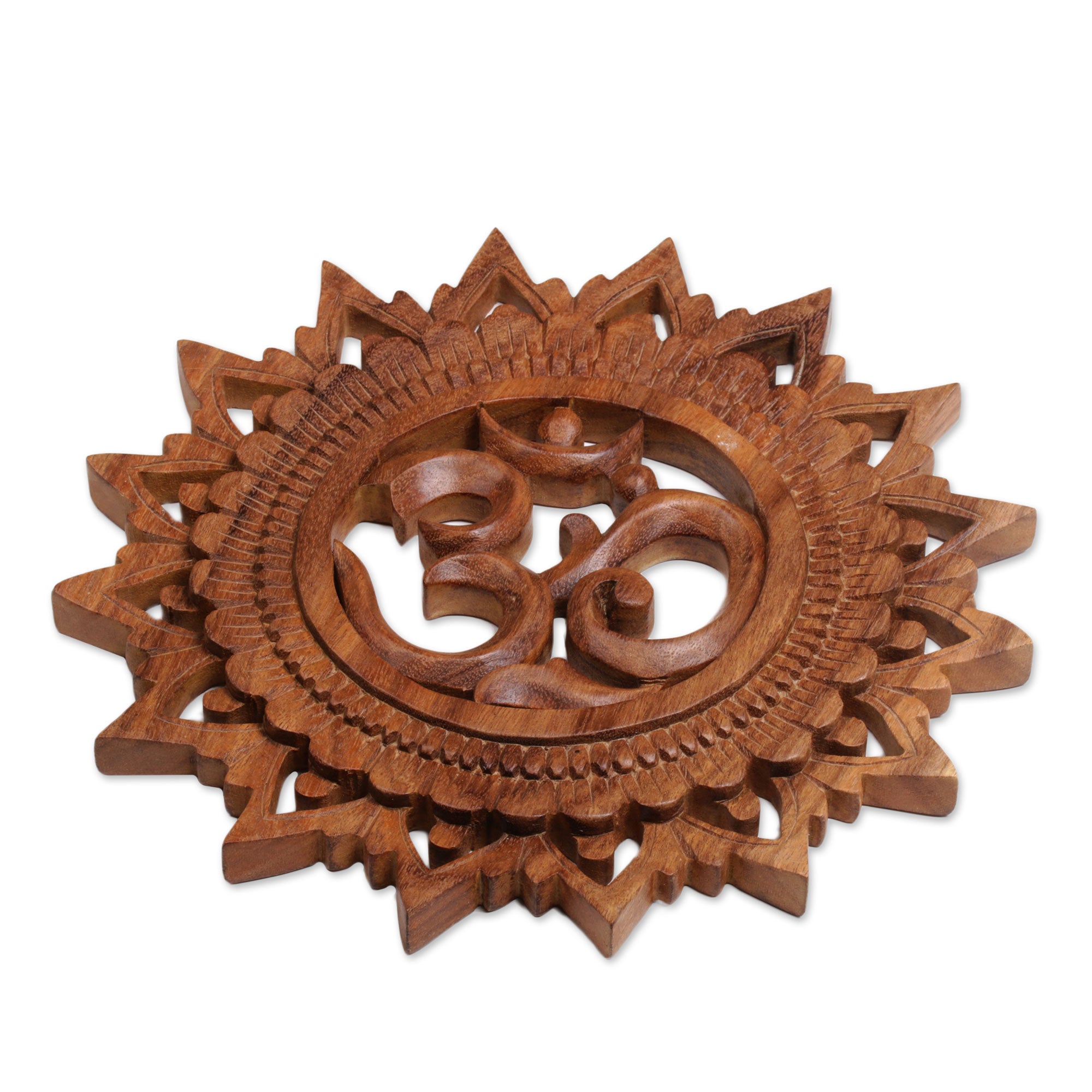 Premium Om Bloom Hand-Carved Suar Wood Panel – Bali's Tranquil Art