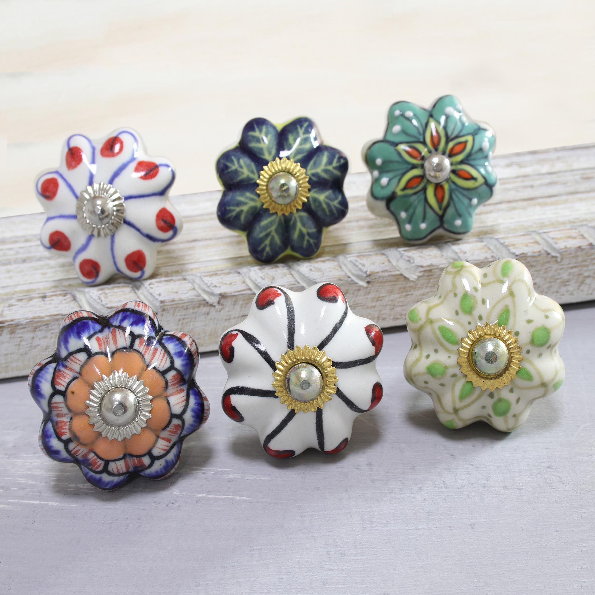 Premium Floral Ceramic Knobs Set - Handcrafted in India (Set of 6)