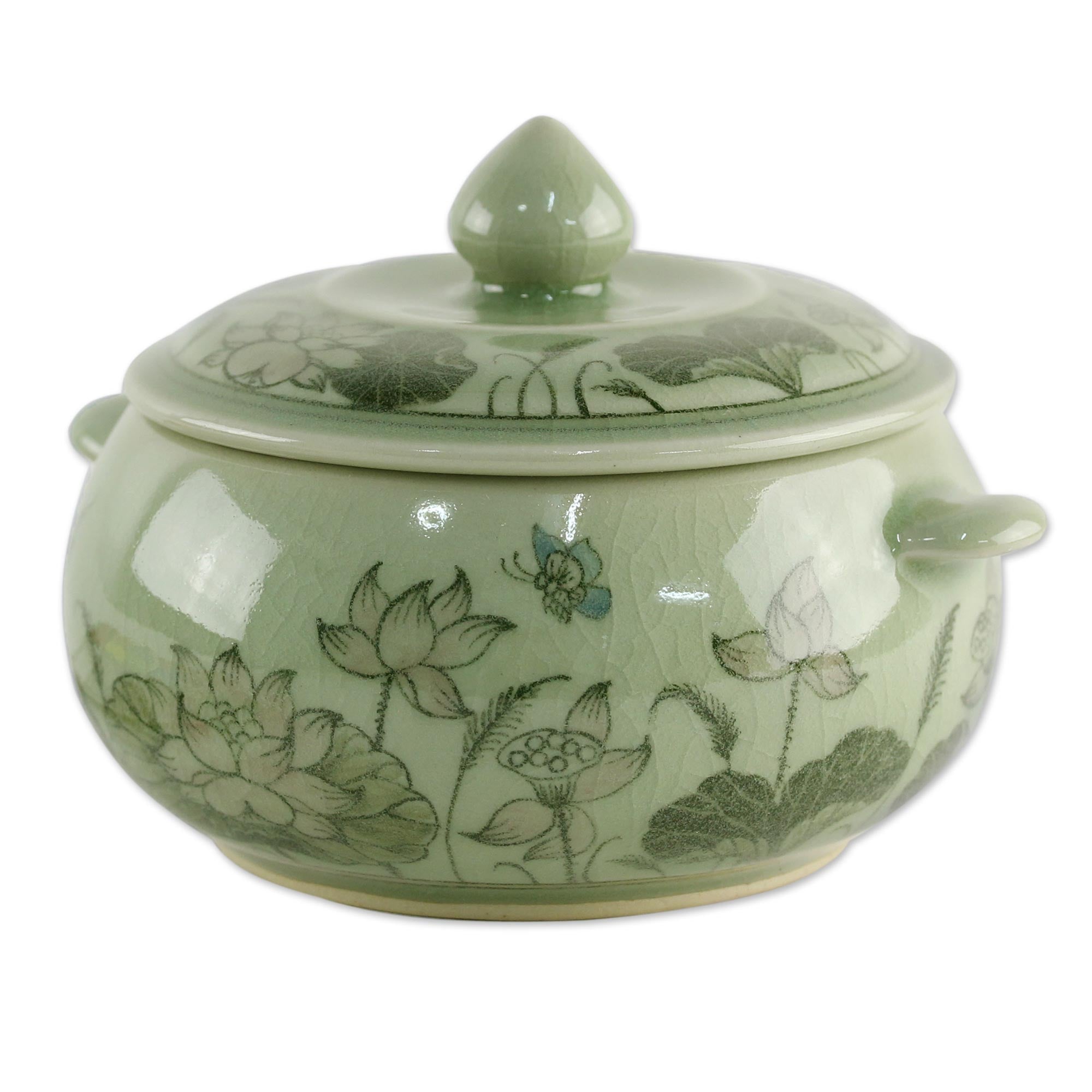 Premium Lotus Bouquet Celadon Ceramic Soup Bowl with Lid - Handcrafted in Thailand