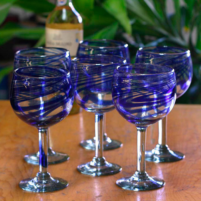 Premium Handblown Recycled Glass Striped Wine Goblets - Set of 6