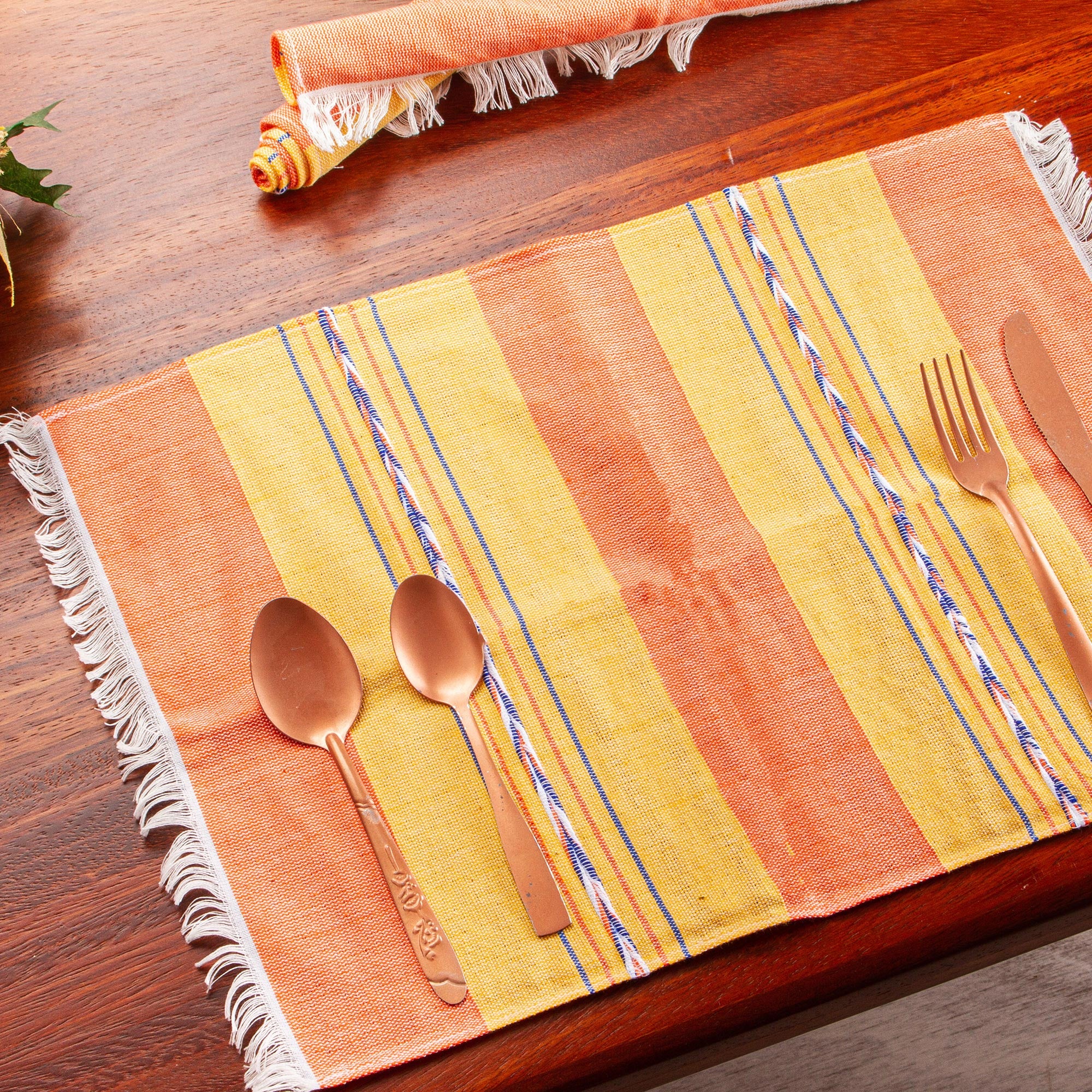 Premium Oaxaca Sunset Hand-Loomed Cotton Placemats - Set of 4 (Zapotec Orange & Yellow)