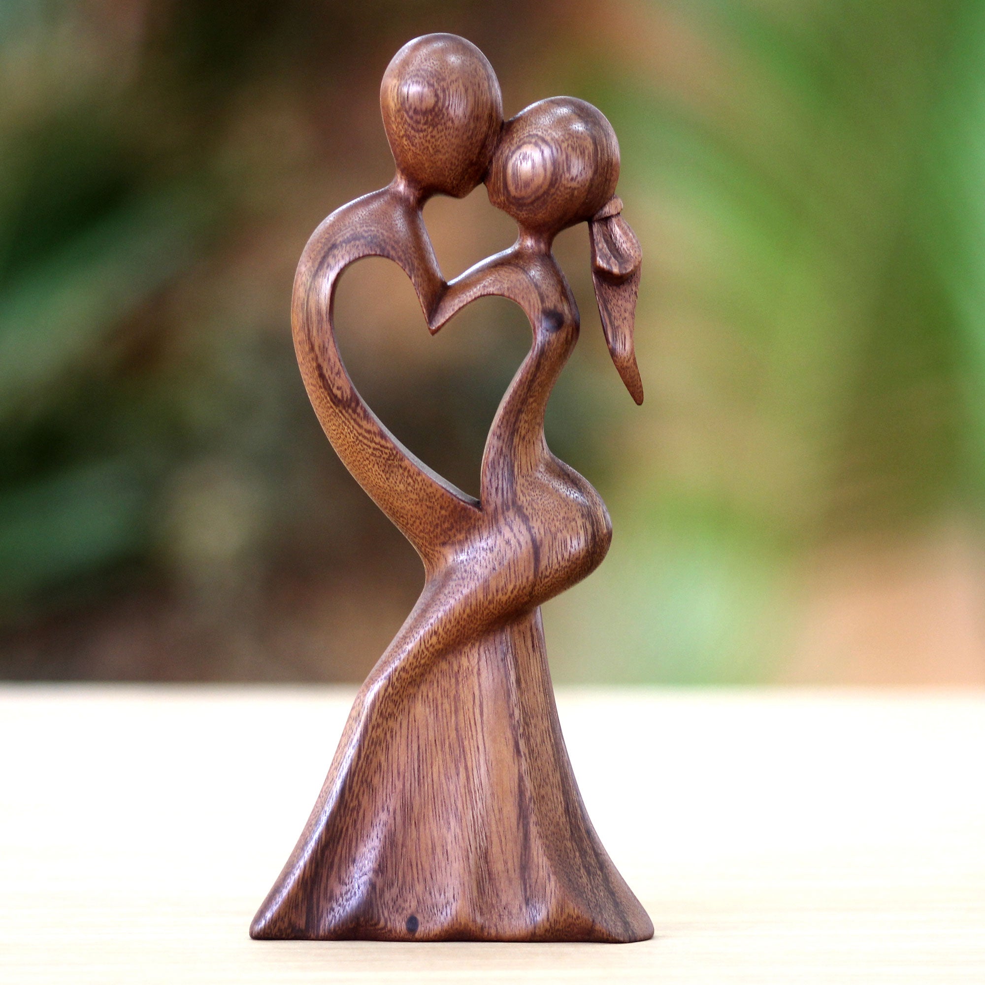 Premium Romantic Wood Sculpture: Love's Kiss by Made Wirata