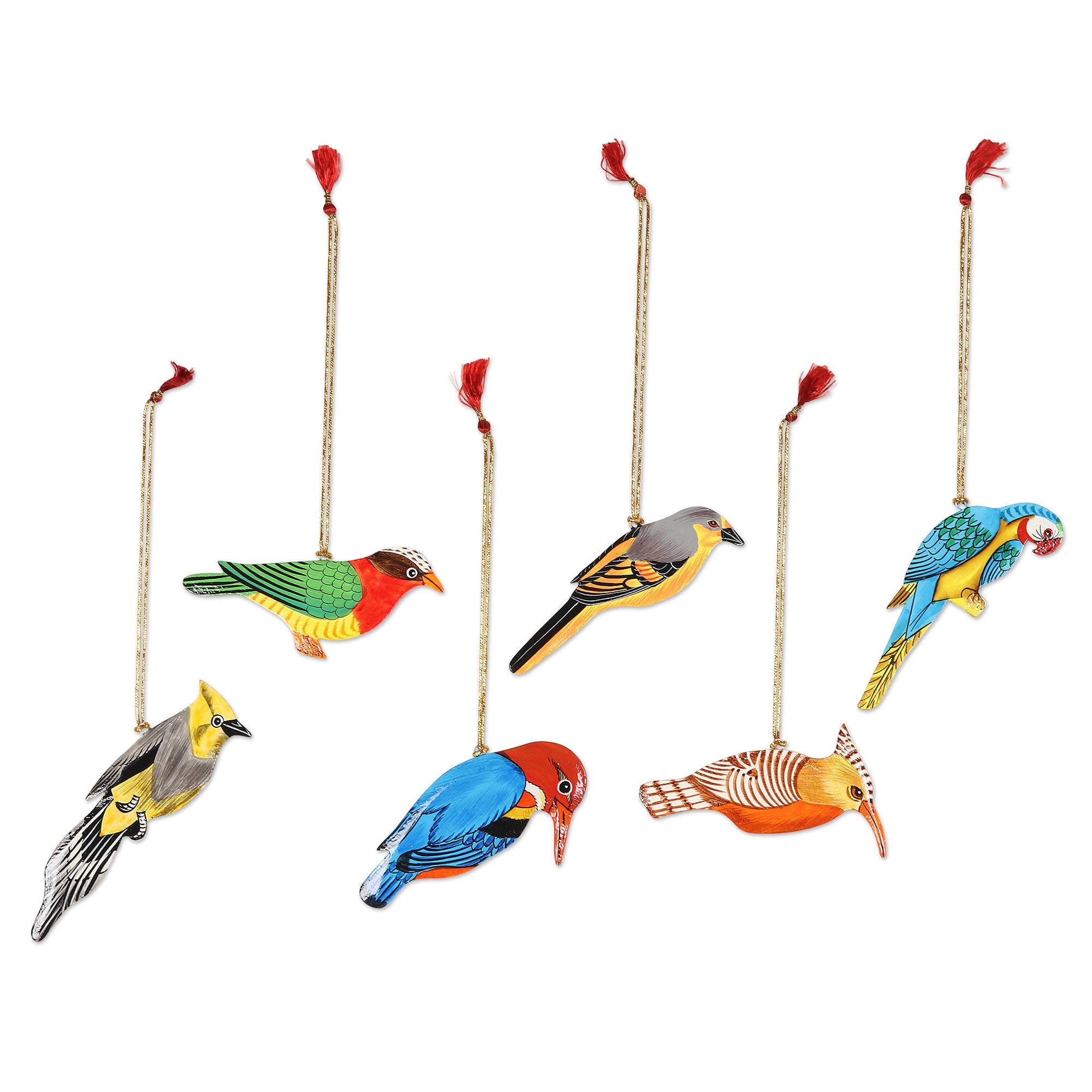 Premium Hand-Painted Festive Bird Ornaments - Set of 6, Golden Cords & Red Tassels