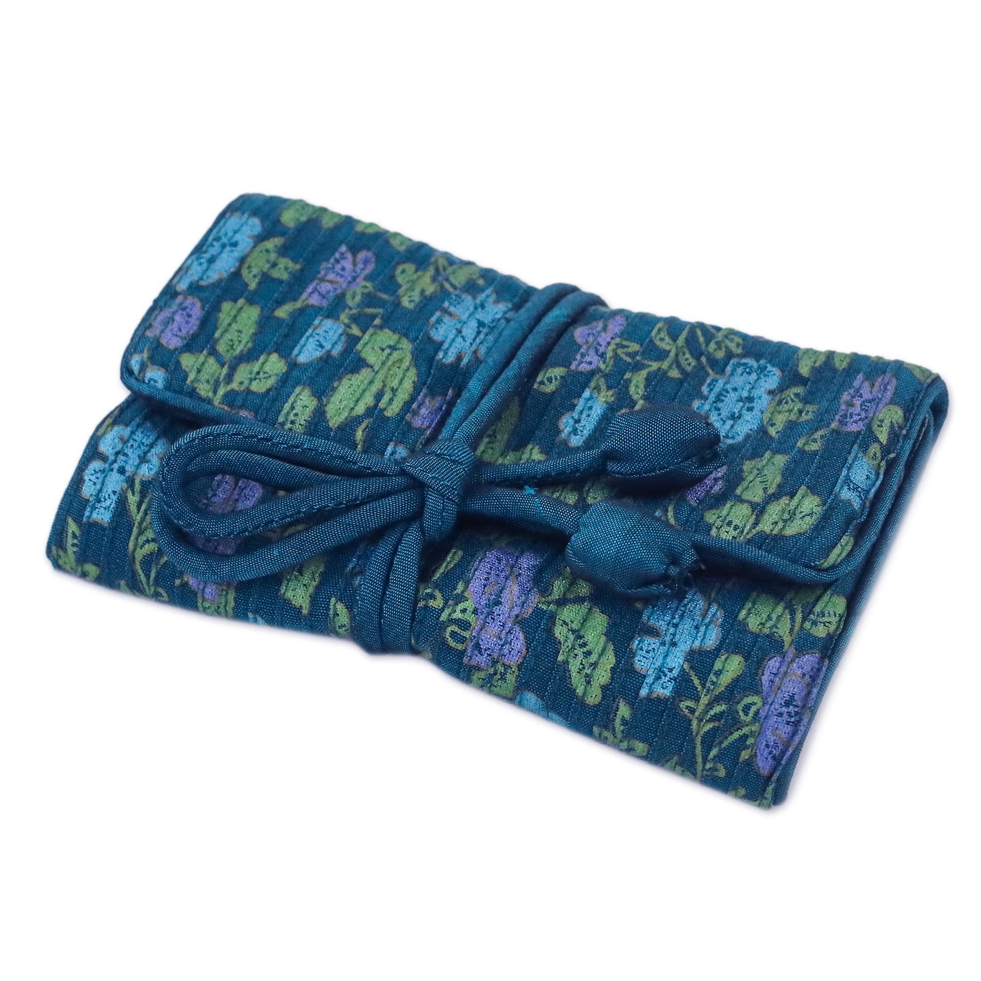 Premium Floral Jewelry Roll - Rayon & Silk Blend in Blue | Handcrafted in Thailand