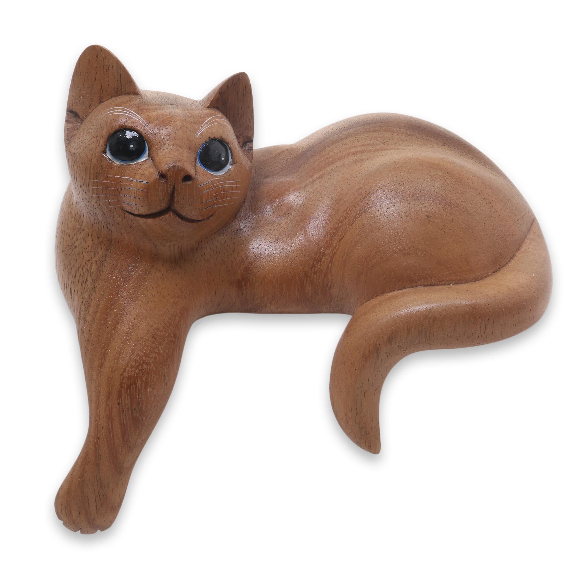 Premium Hand-Carved Ginger Cat Sculpture - Medium Wood Finish