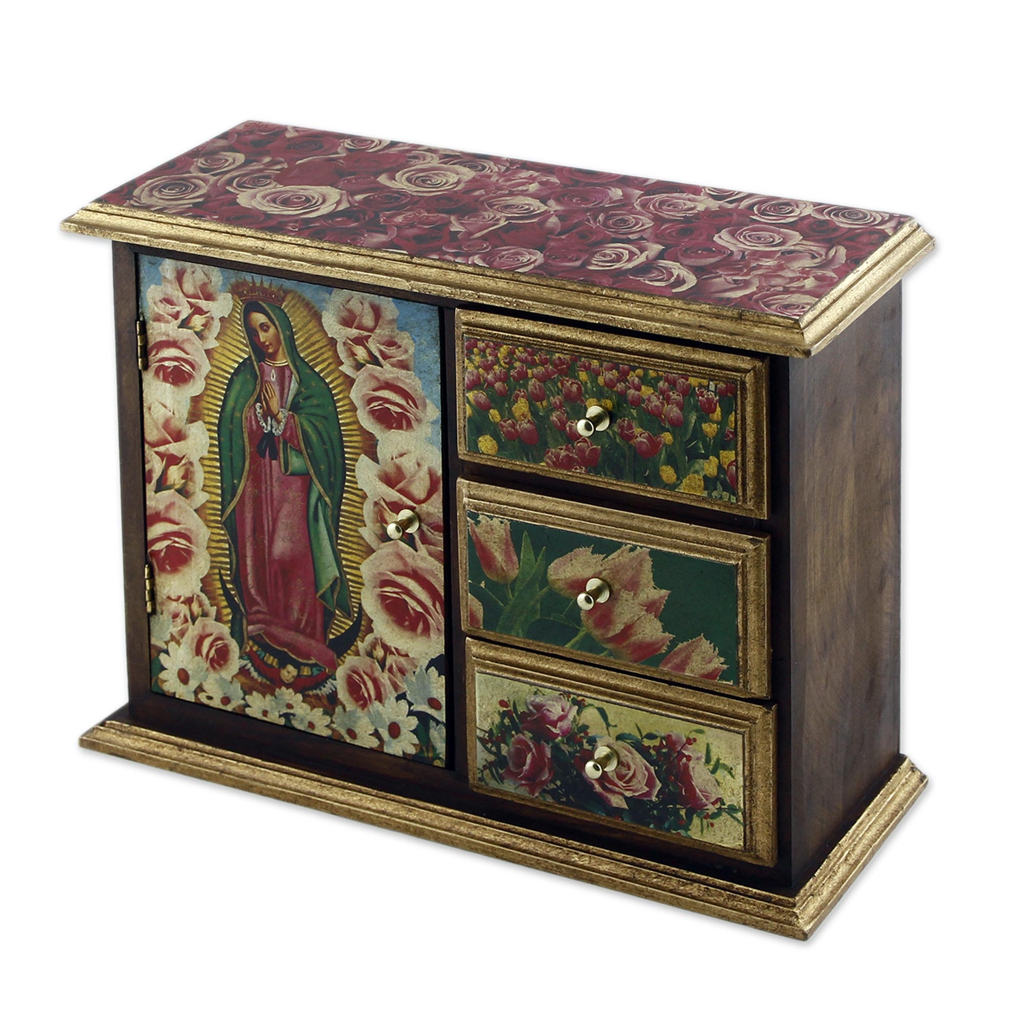 Premium Virgin of Guadalupe Decoupage Chest - Handcrafted Antique Design