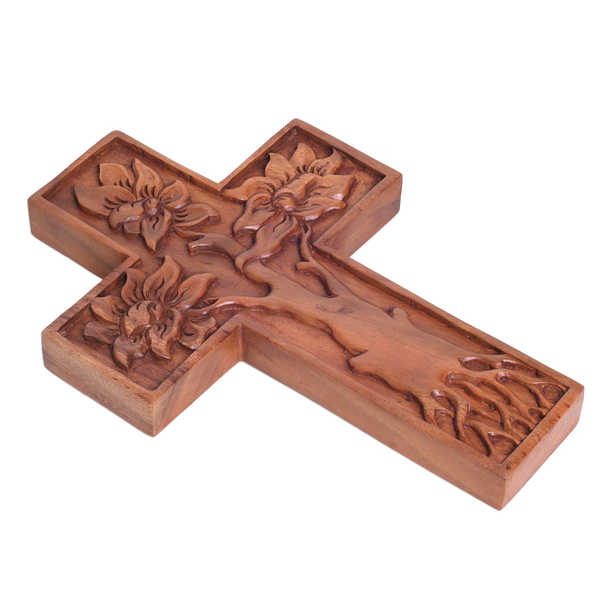 Premium Hand-Carved Mangrove Tree Suar Wood Wall Cross – Bali Artisan Crafted
