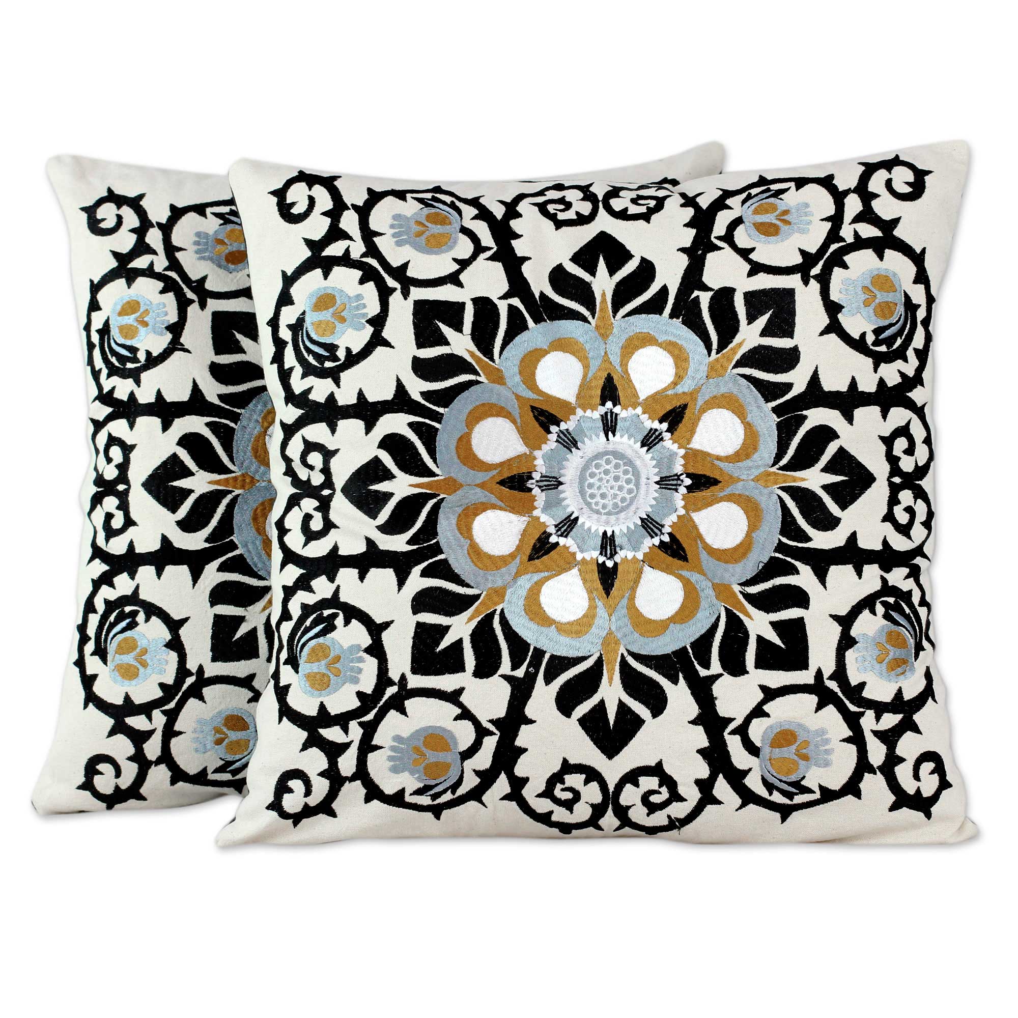 Premium Jaipur Blossom Embroidered Cotton Cushion Covers - Luxurious Indian Design (Pair)