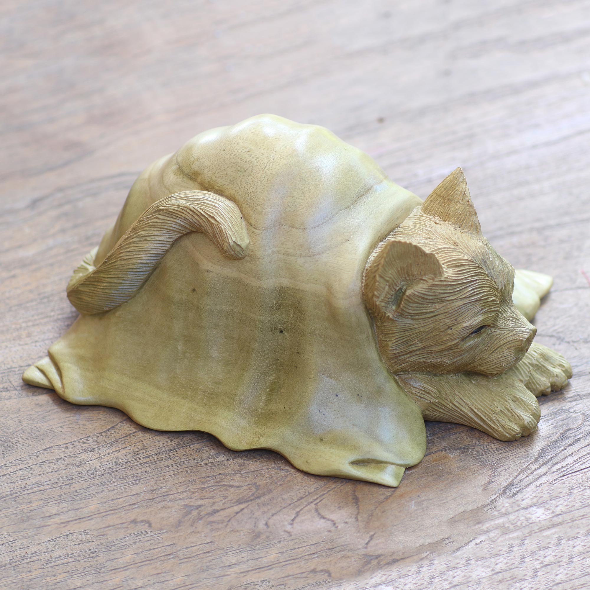 Premium Hand-Carved Hibiscus Wood Cat Sculpture - Cozy Cat in Blanket by Nyoman Sudiana