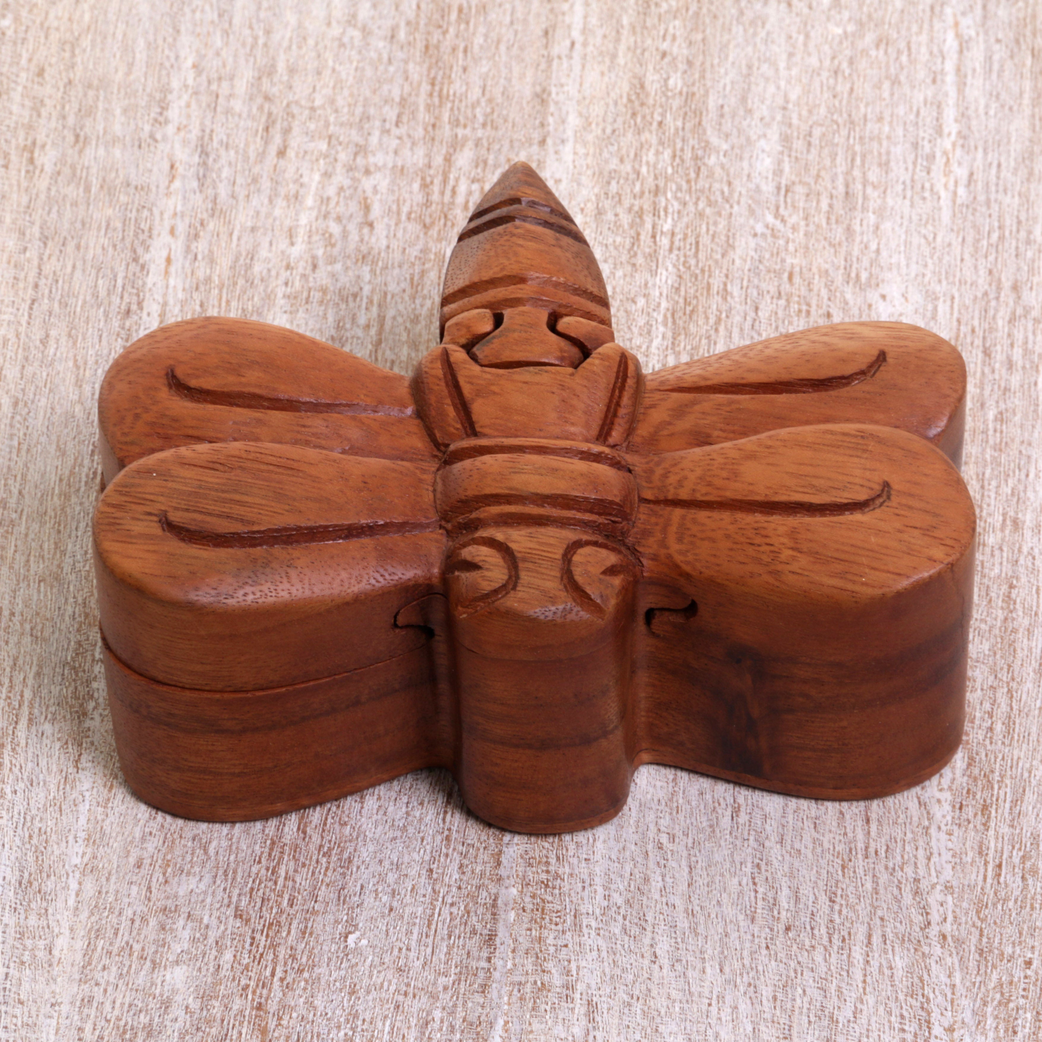 Premium Handcrafted Suar Wood Dragonfly Decorative Box - Unique Indonesian Artistry
