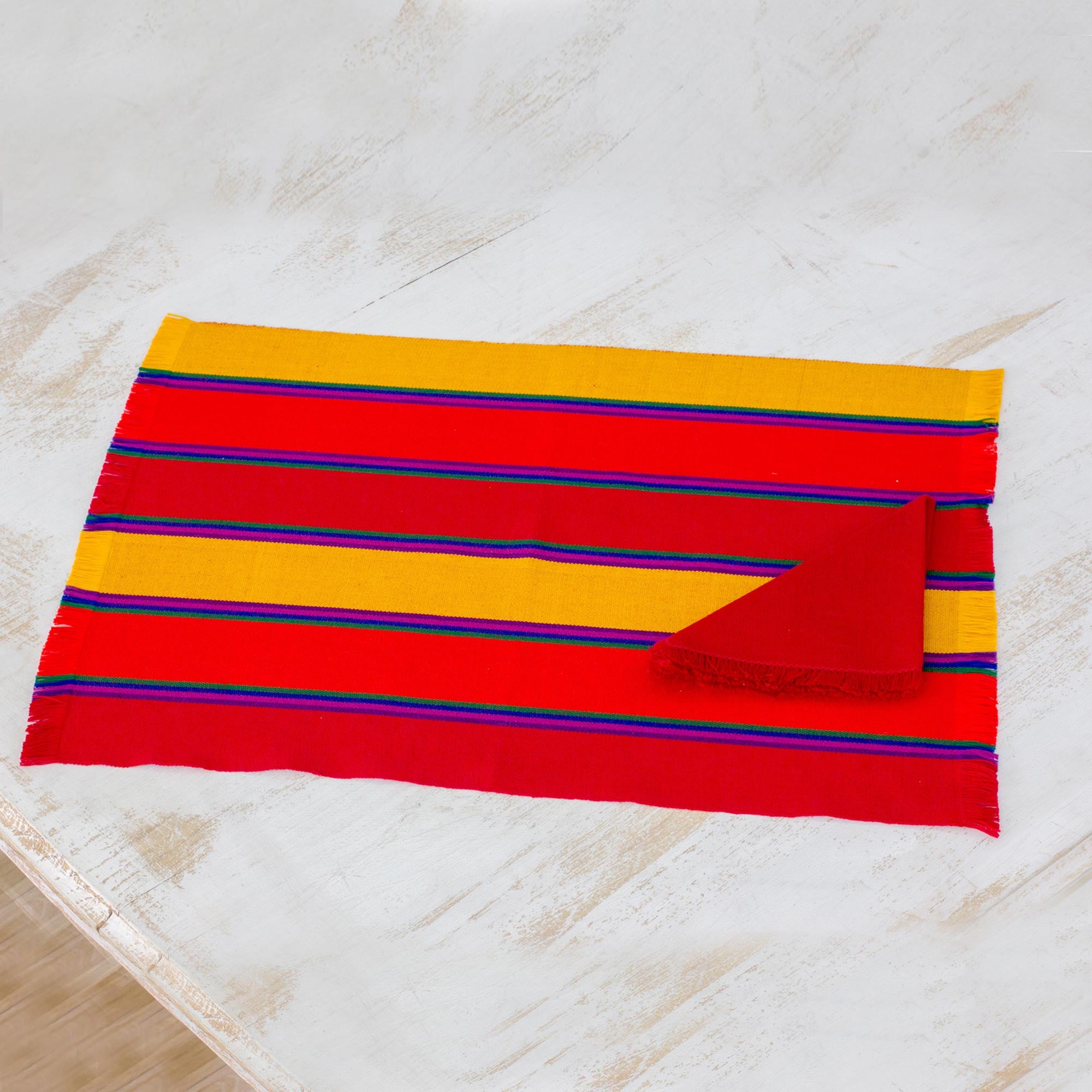 Premium Guatemalan Sunset Striped Cotton Placemat & Napkin Set - Handwoven Elegance